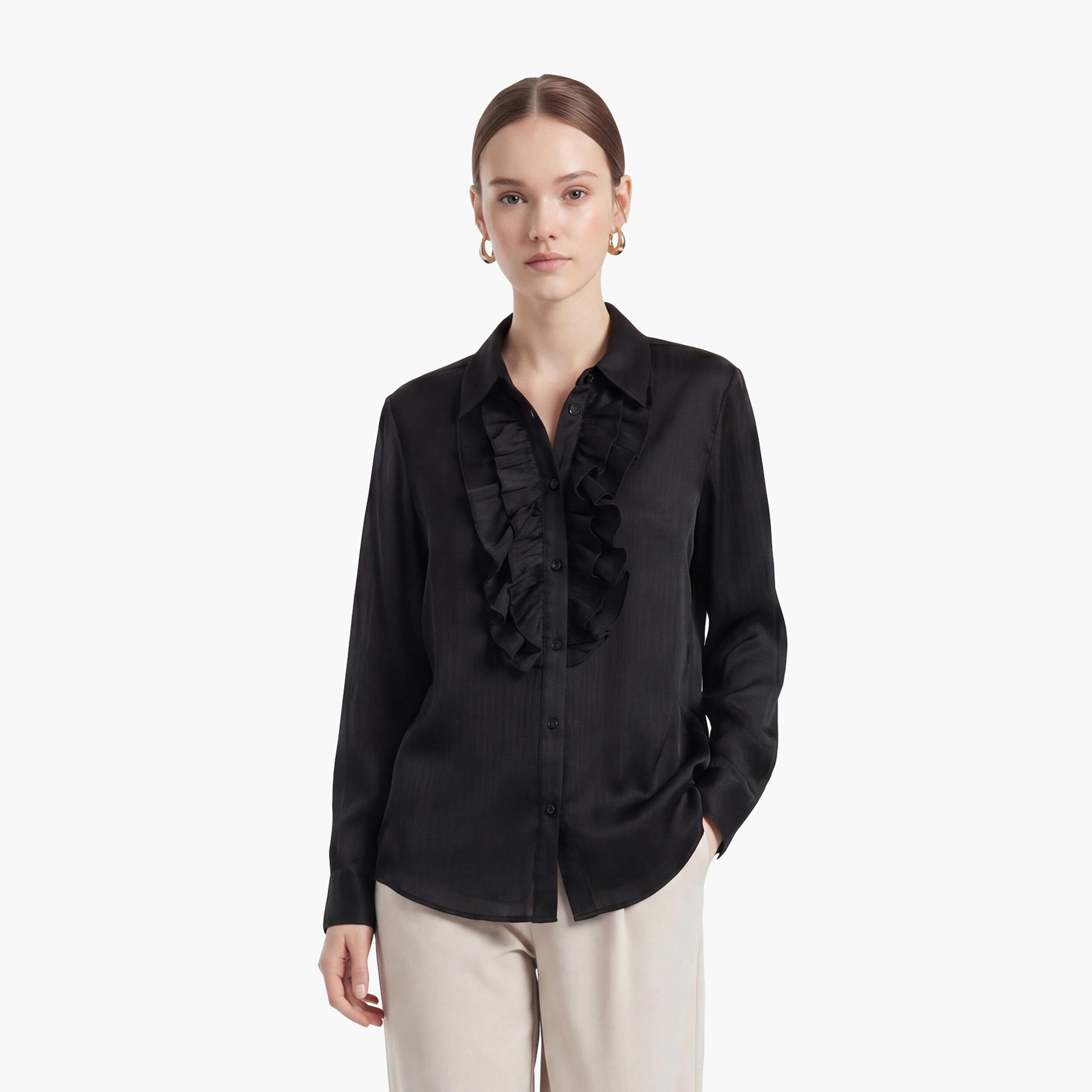 قميص نسائي مكشكش بلون أسود وياقة مفرودة من كوتون-women-clothing-shirtsandblouses-shirts-image-1