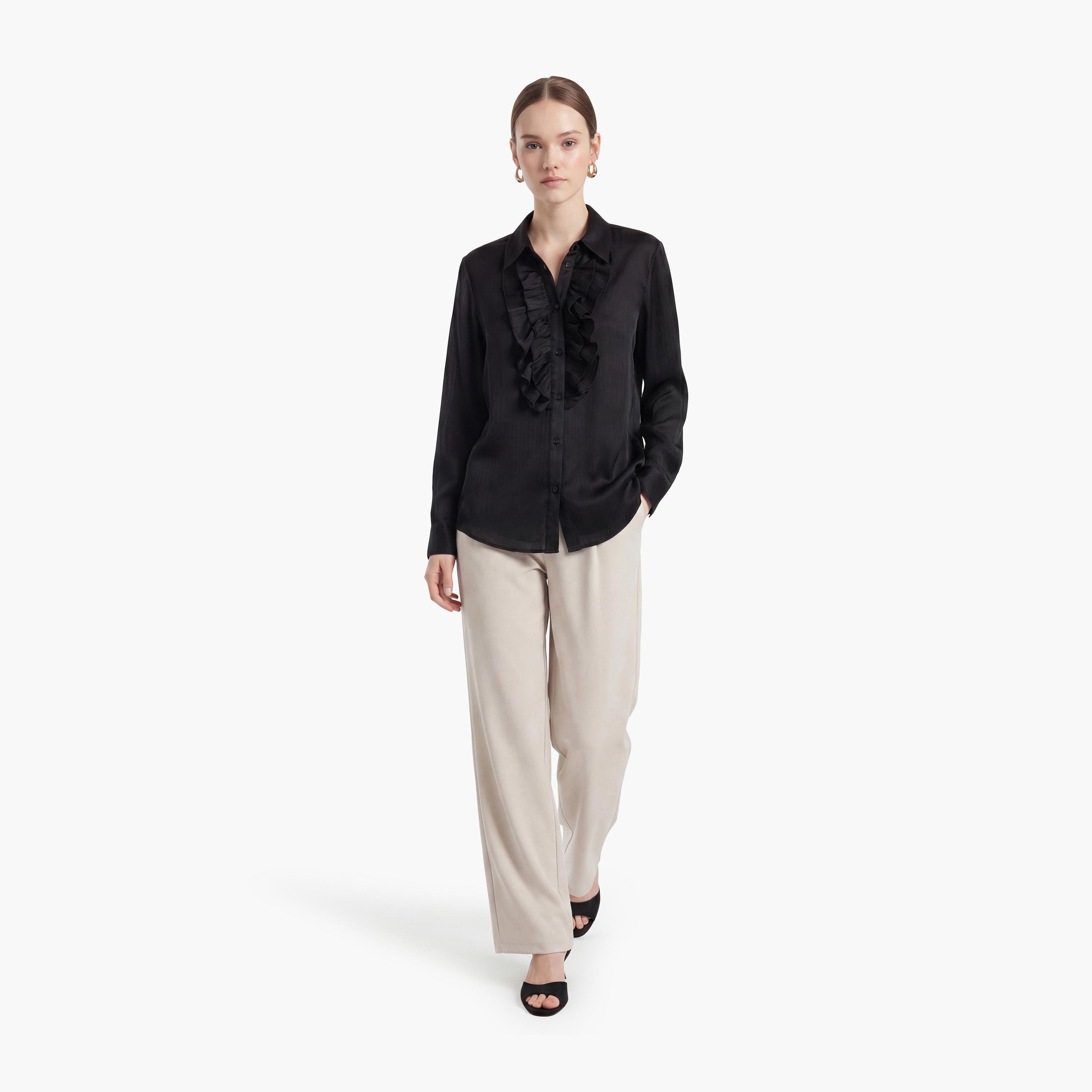 قميص نسائي مكشكش بلون أسود وياقة مفرودة من كوتون-women-clothing-shirtsandblouses-shirts-image-2