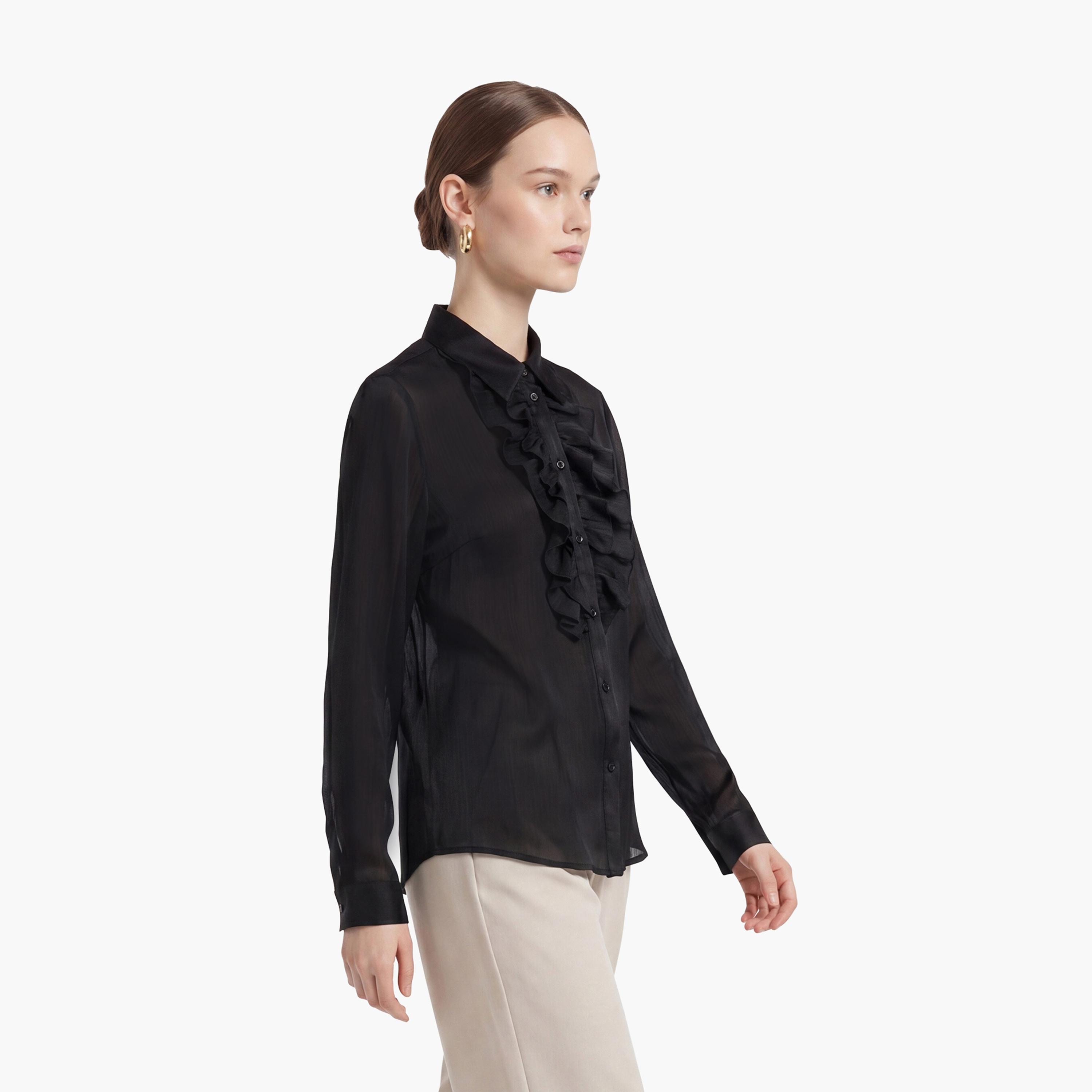 قميص نسائي مكشكش بلون أسود وياقة مفرودة من كوتون-women-clothing-shirtsandblouses-shirts-image-3