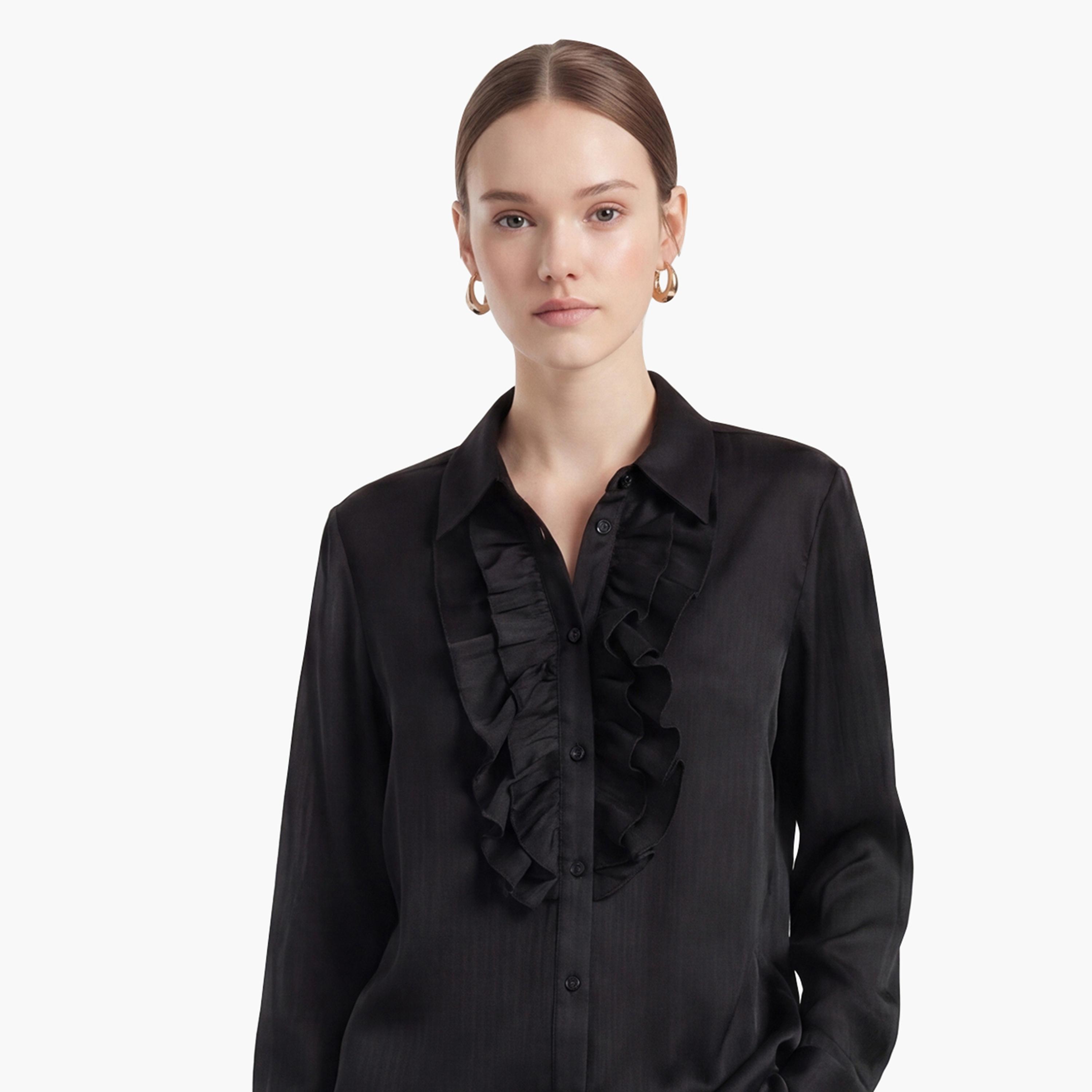 KOTON Black Ruffled Spread Collar Women's Shirt-women-clothing-shirtsandblouses-shirts-image-5
