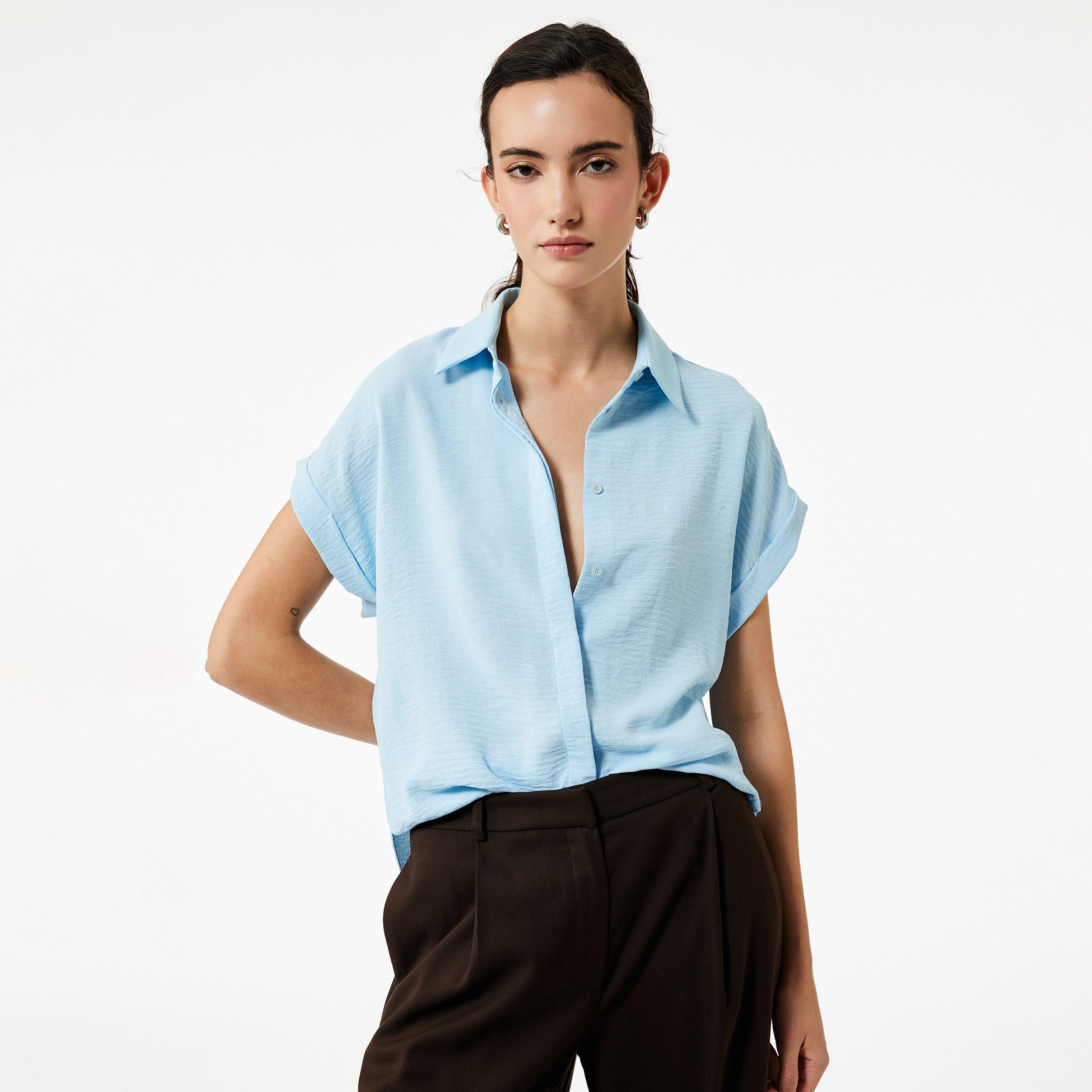 KOTON Blue Textured Aerobin Spread Collar Women's Shirt-women-clothing-shirtsandblouses-shirts-image-1