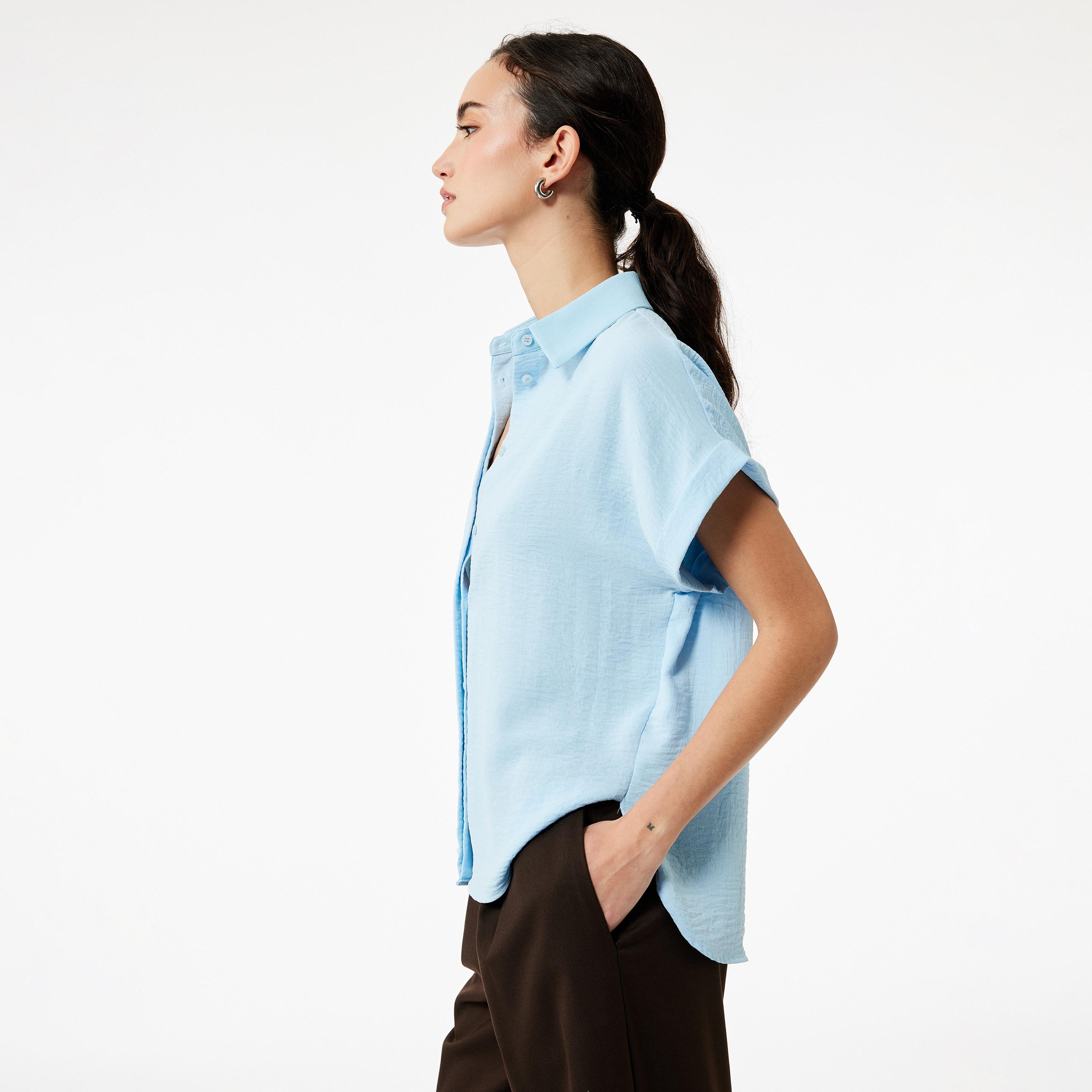 KOTON Blue Textured Aerobin Spread Collar Women's Shirt-women-clothing-shirtsandblouses-shirts-image-3