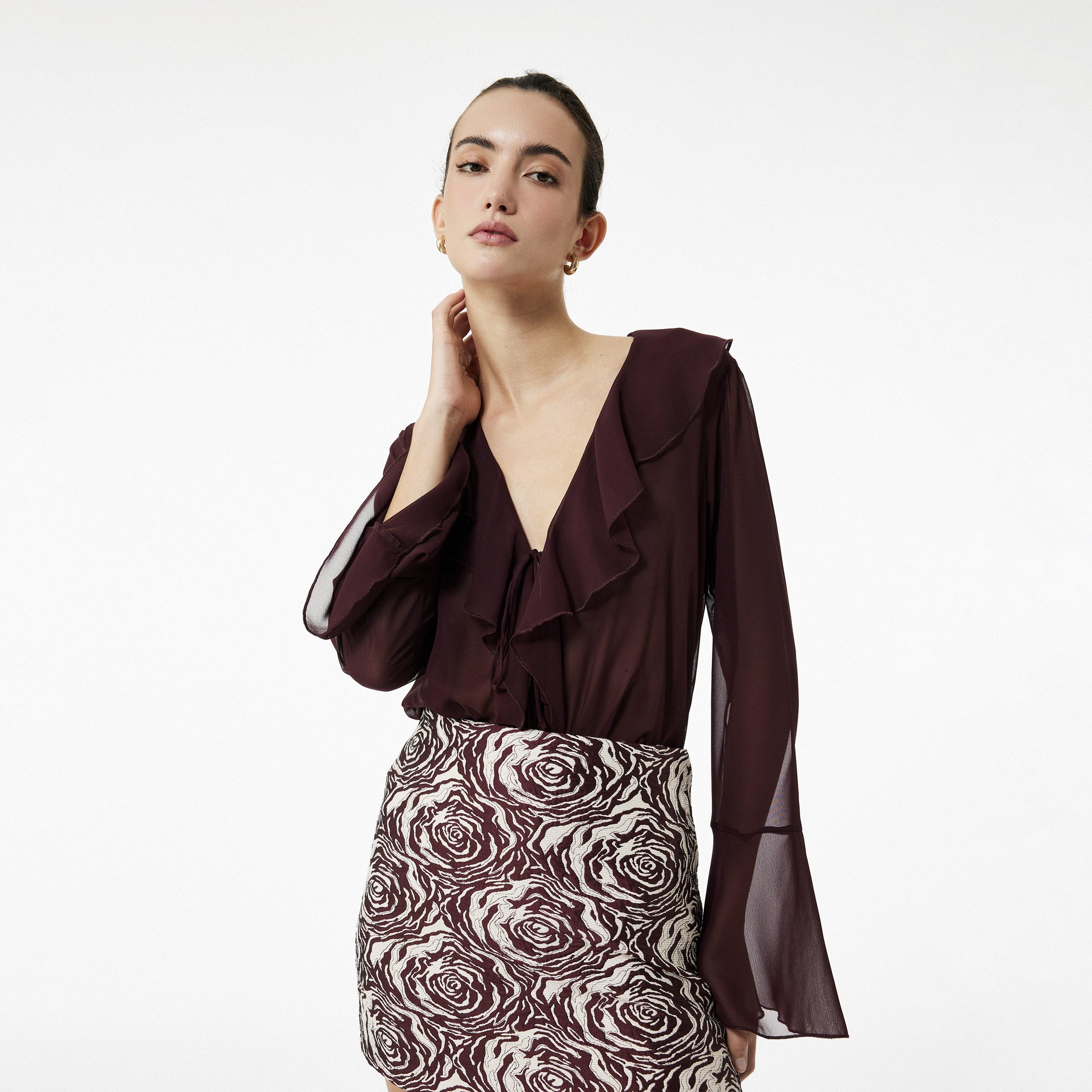 KOTON Burgundy Ruffled Bell Sleeves Women's Top-women-clothing-shirtsandblouses-blouses-image-1