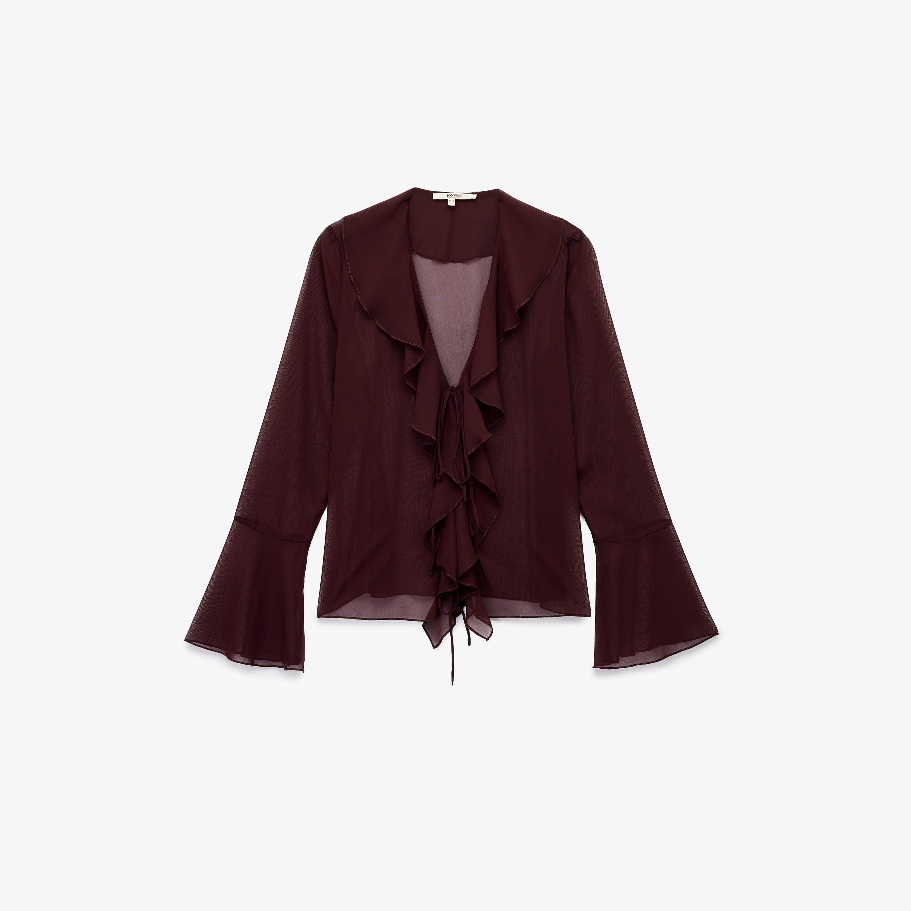 KOTON Burgundy Ruffled Bell Sleeves Women's Top-women-clothing-shirtsandblouses-blouses-image-3