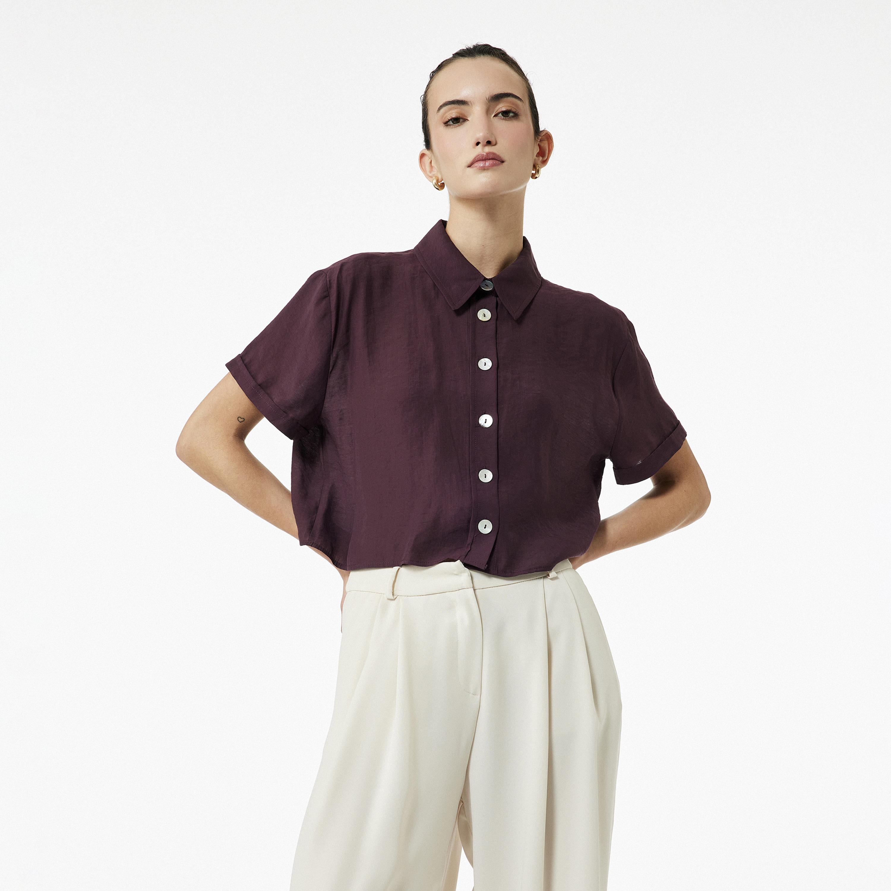 KOTON Burgundy Spread Collar Women's Shirt-women-clothing-shirtsandblouses-shirts-image-1