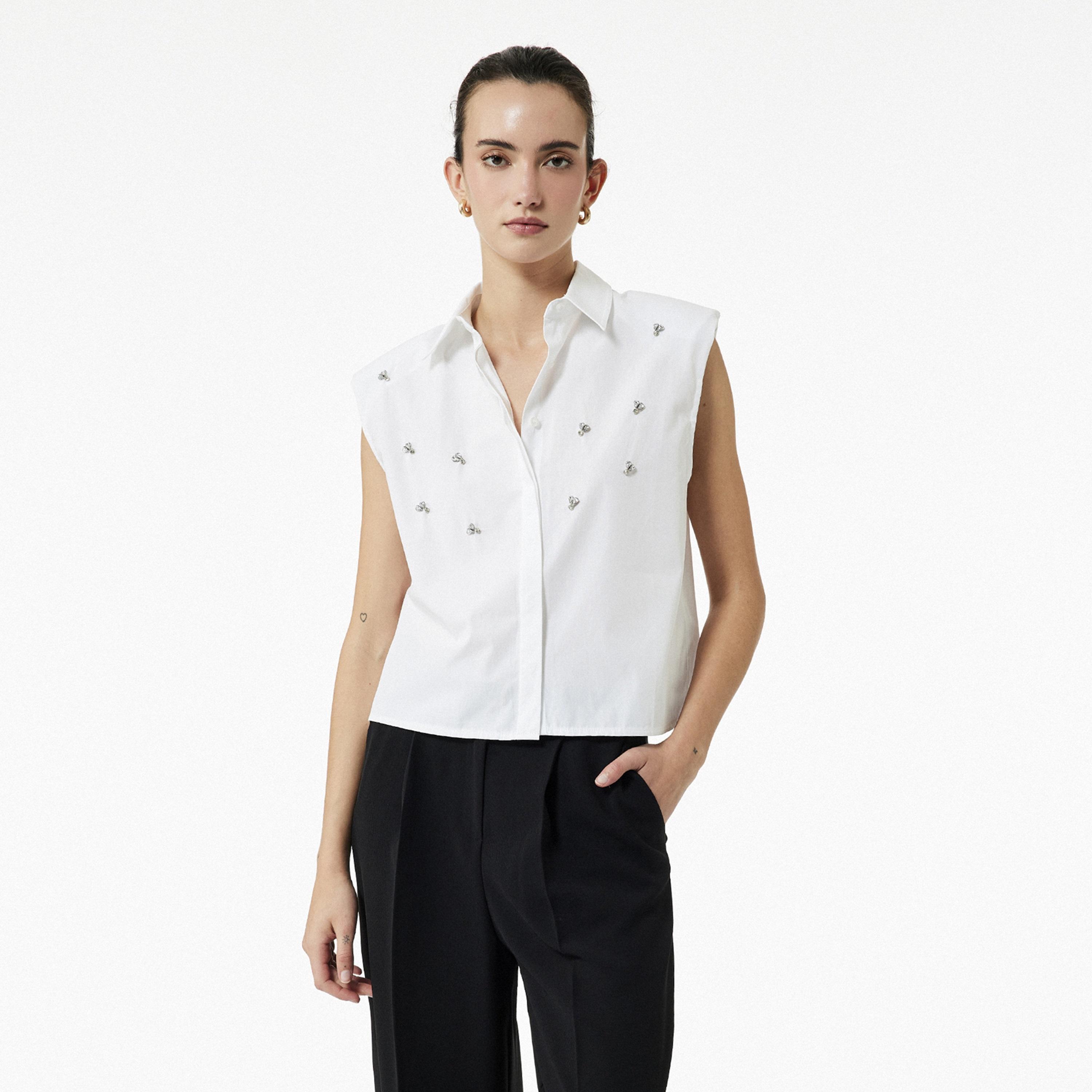 KOTON White Crystal Detailed Cotton Spread Collar Women's Top-women-clothing-shirtsandblouses-blouses-image-1