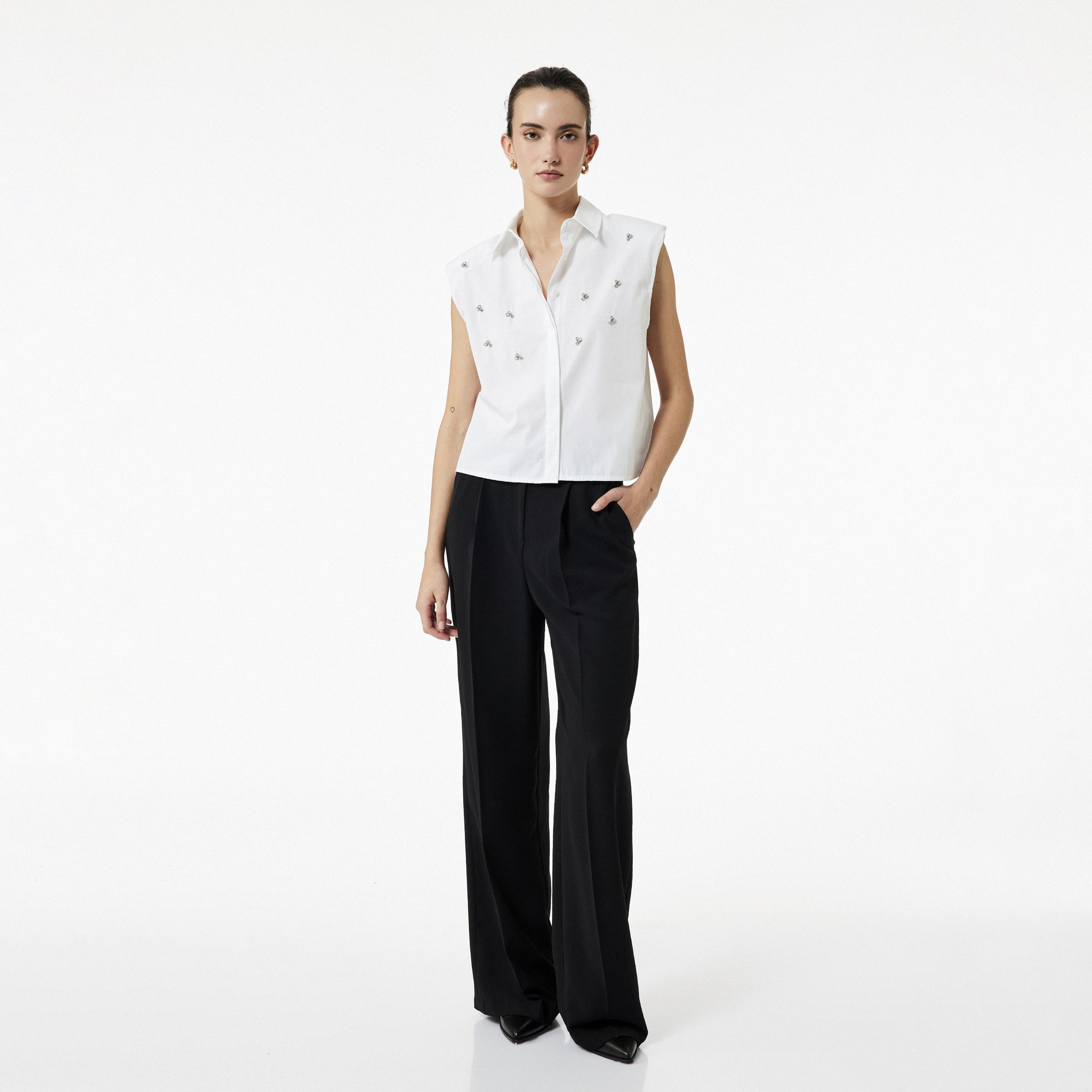 KOTON White Crystal Detailed Cotton Spread Collar Women's Top-women-clothing-shirtsandblouses-blouses-image-2