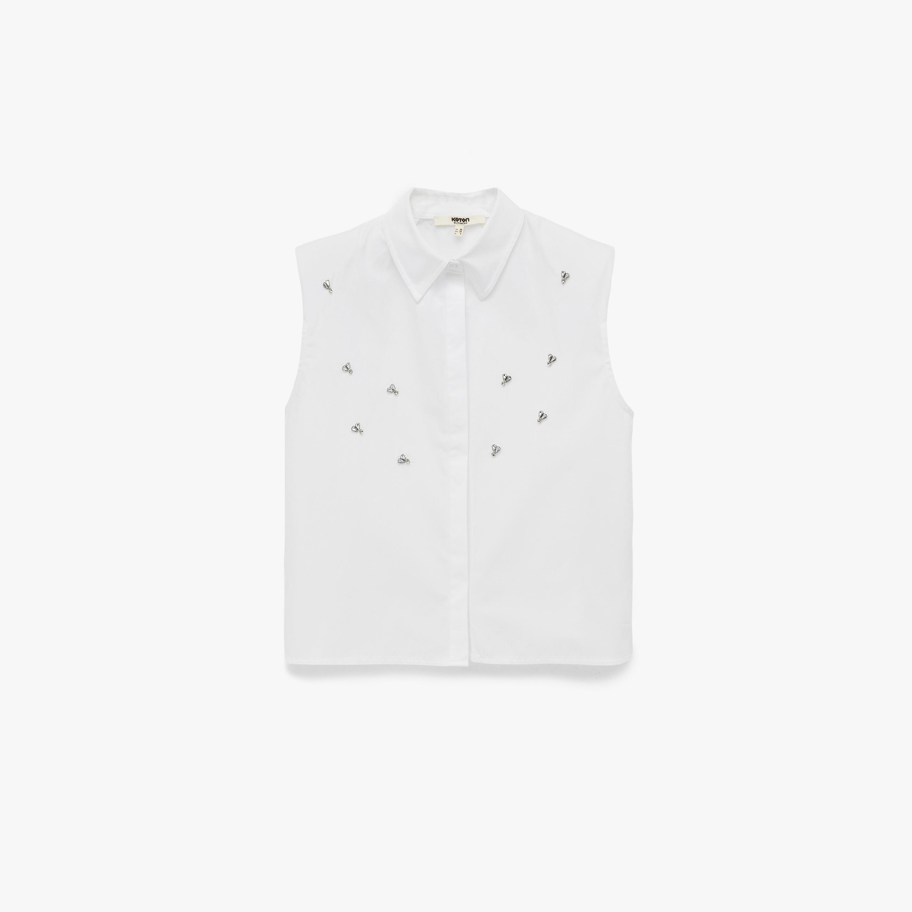 KOTON White Crystal Detailed Cotton Spread Collar Women's Top-women-clothing-shirtsandblouses-blouses-image-4