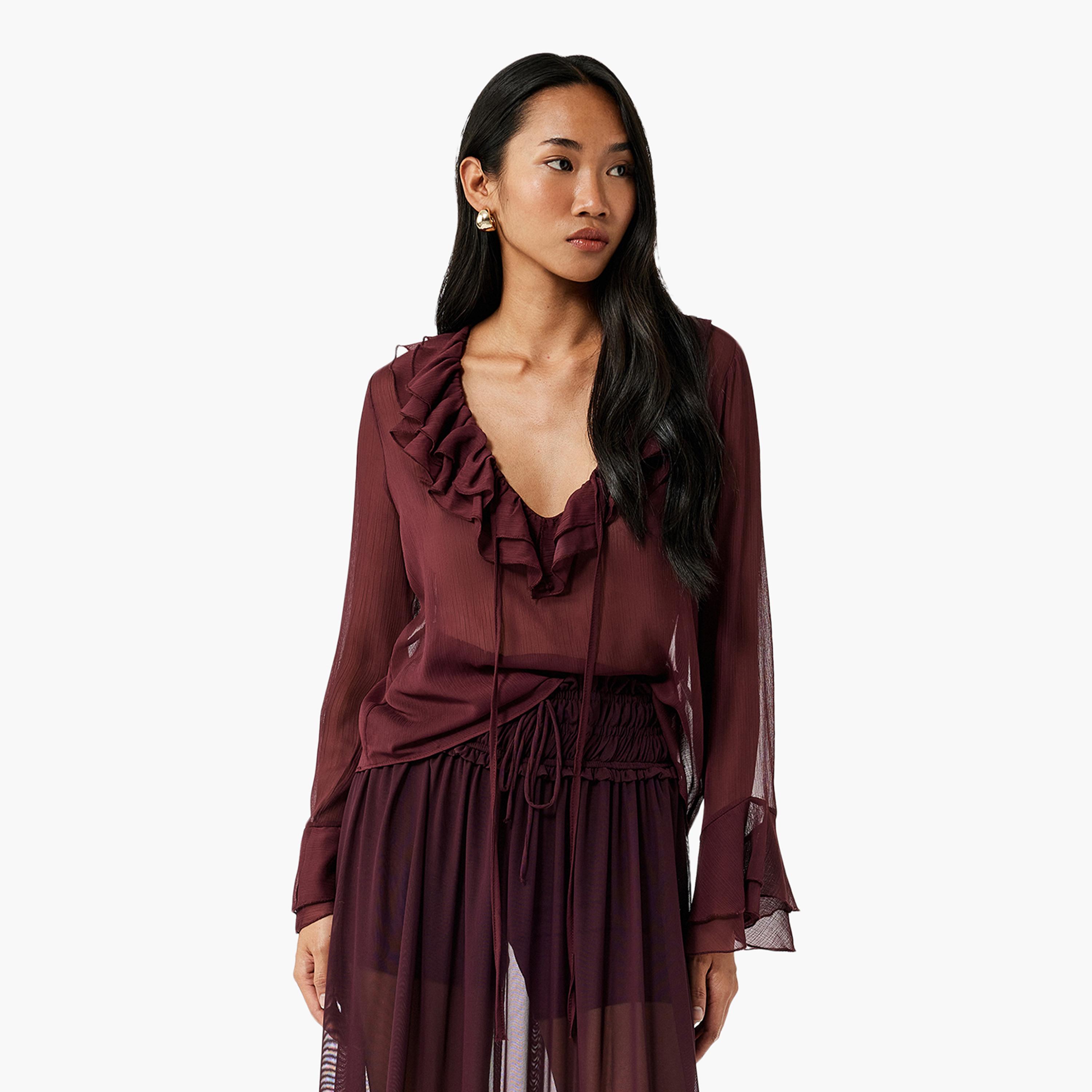 KOTON Red Ruffled Neck Women's Top-women-clothing-shirtsandblouses-blouses-image-1