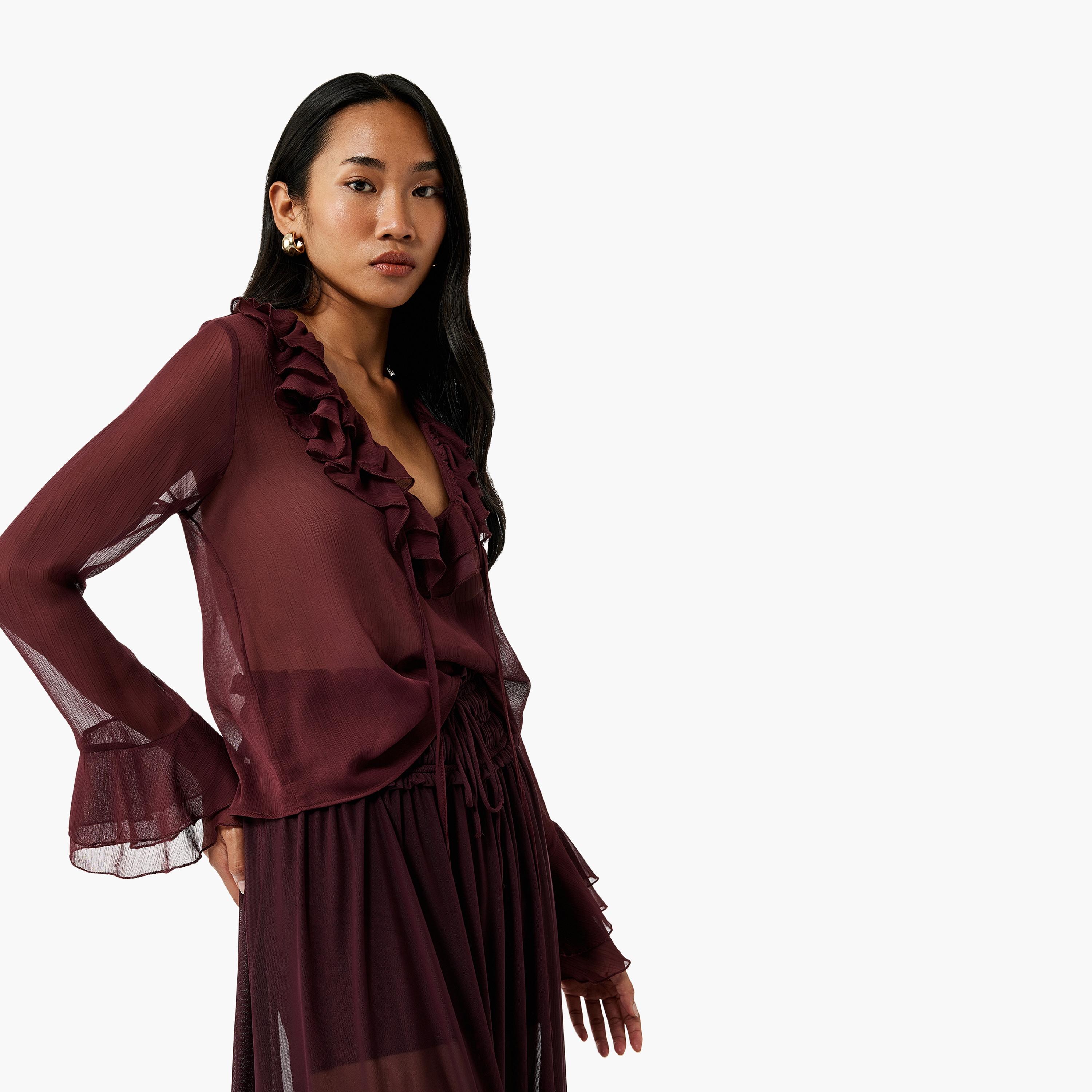 KOTON Red Ruffled Neck Women's Top-women-clothing-shirtsandblouses-blouses-image-3