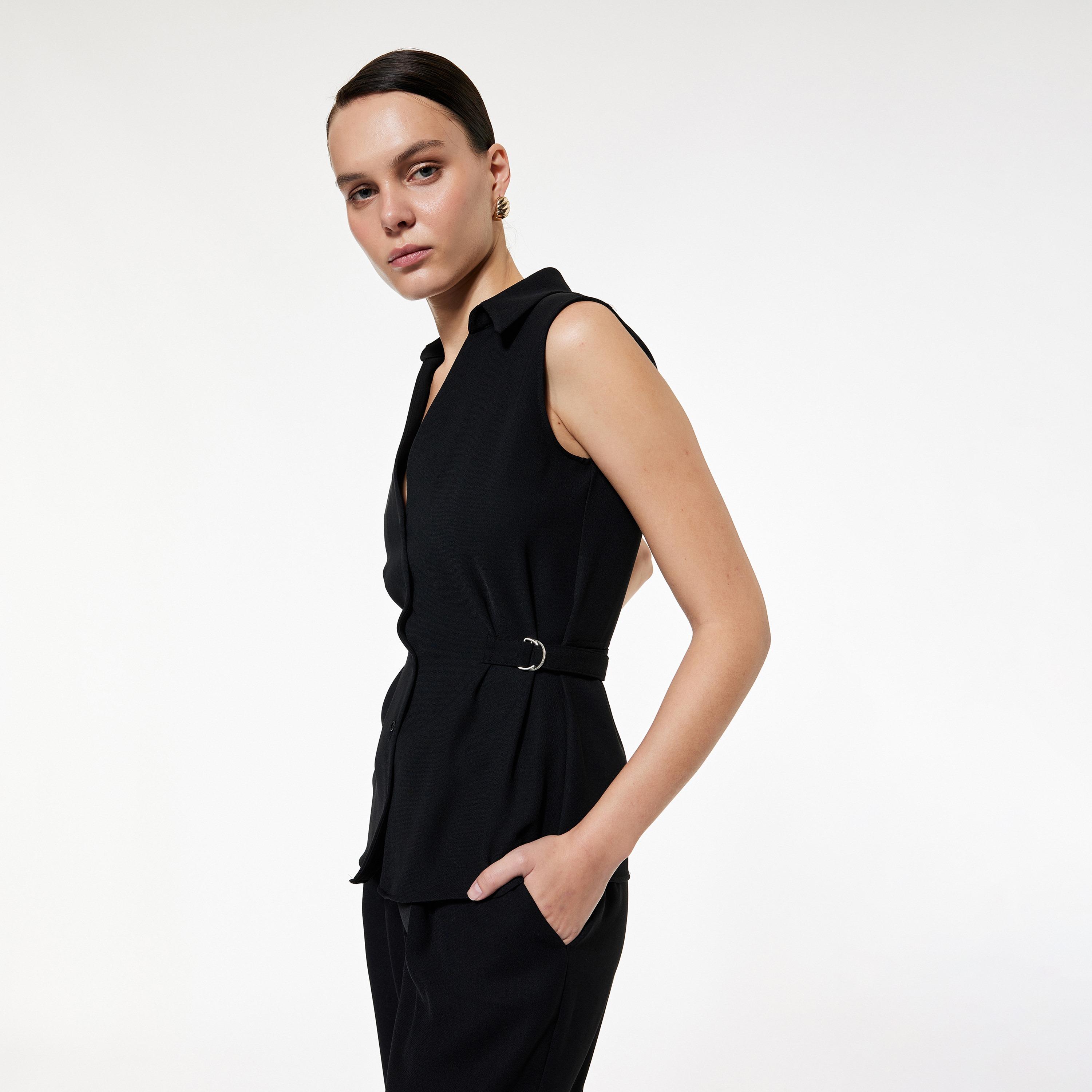 KOTON Black Spread Collar Women's Top-women-clothing-shirtsandblouses-blouses-image-3