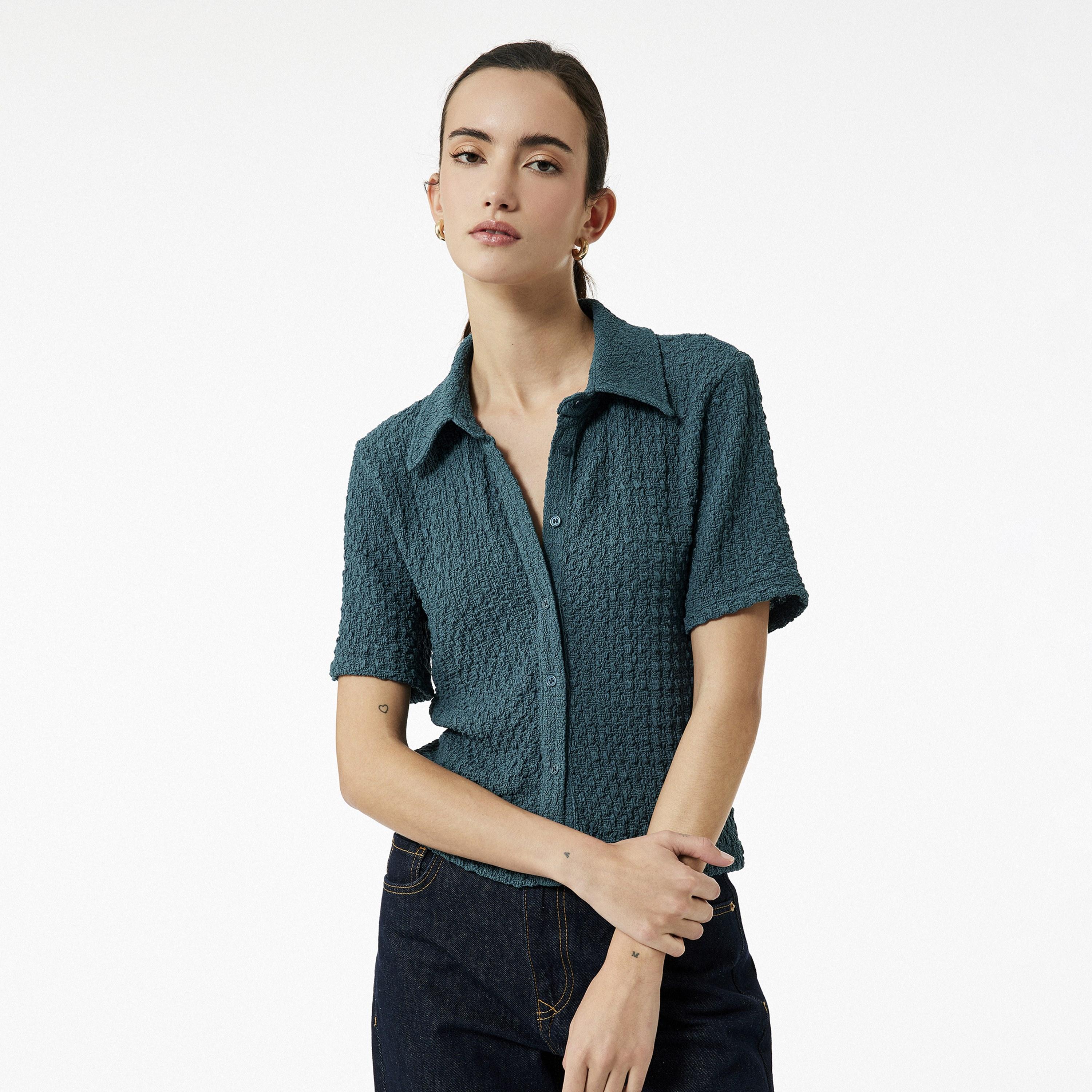 KOTON Teal Crinkled Spread Collar Women's Shirt-women-clothing-shirtsandblouses-shirts-image-1