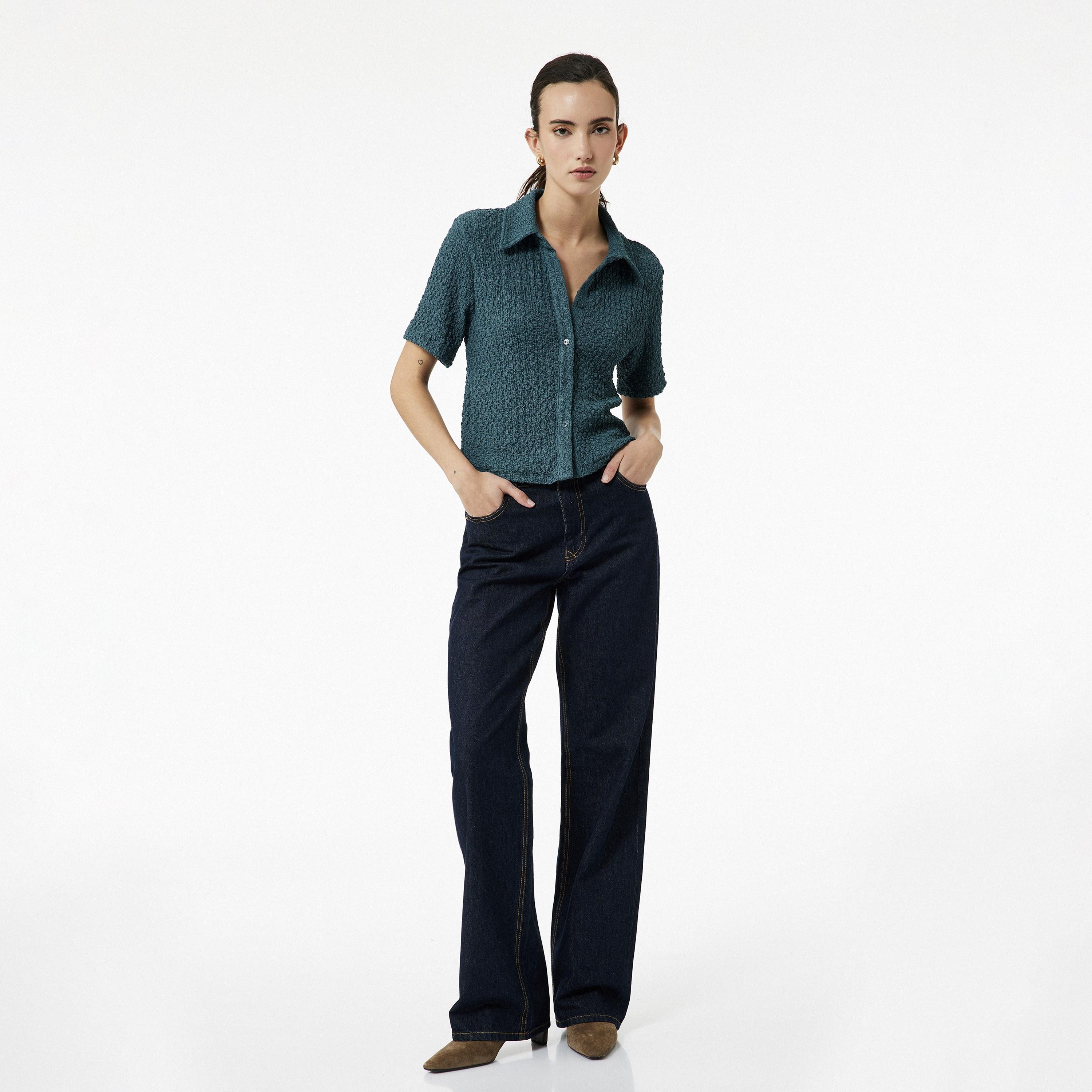 KOTON Teal Crinkled Spread Collar Women's Shirt-women-clothing-shirtsandblouses-shirts-image-2