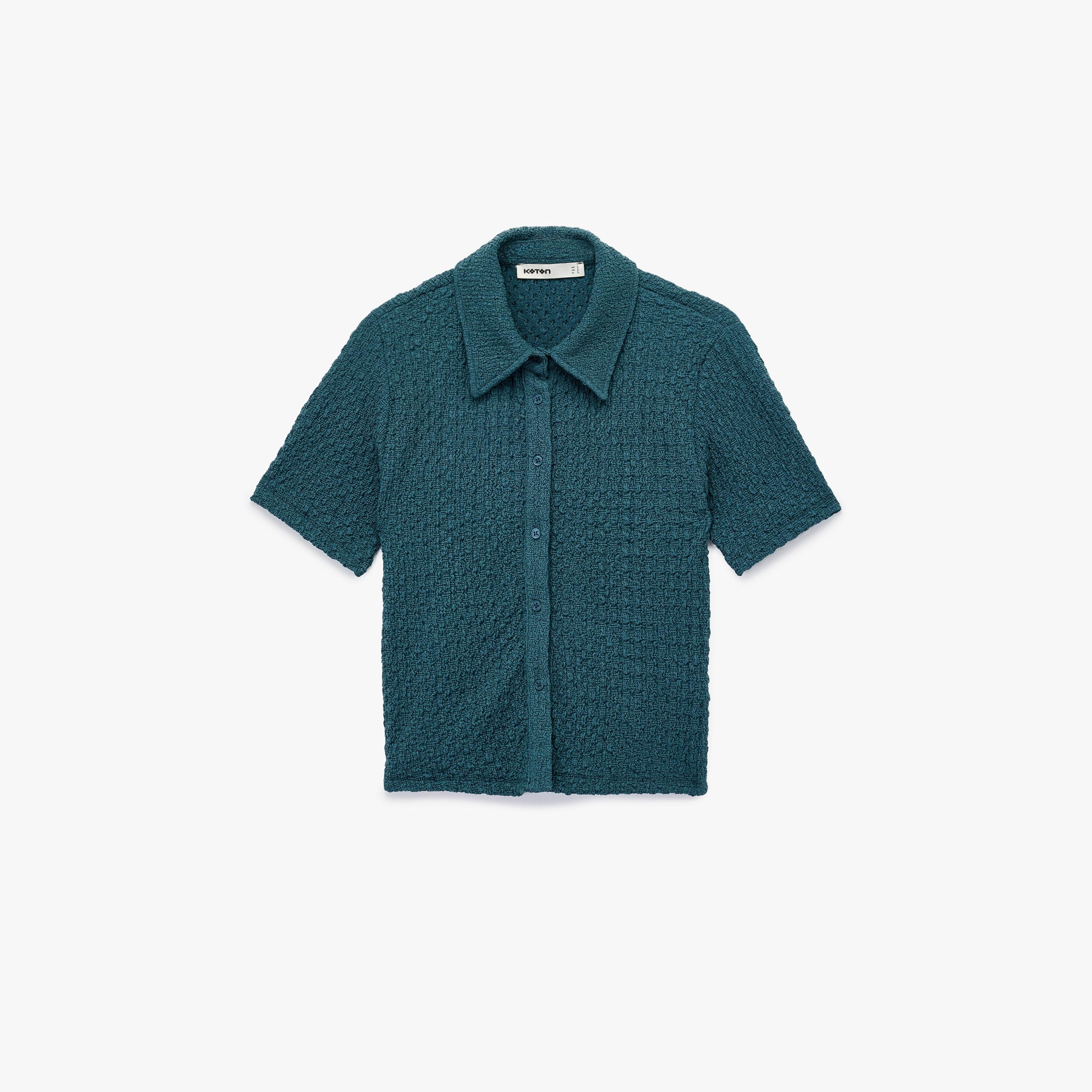 KOTON Teal Crinkled Spread Collar Women's Shirt-women-clothing-shirtsandblouses-shirts-image-3