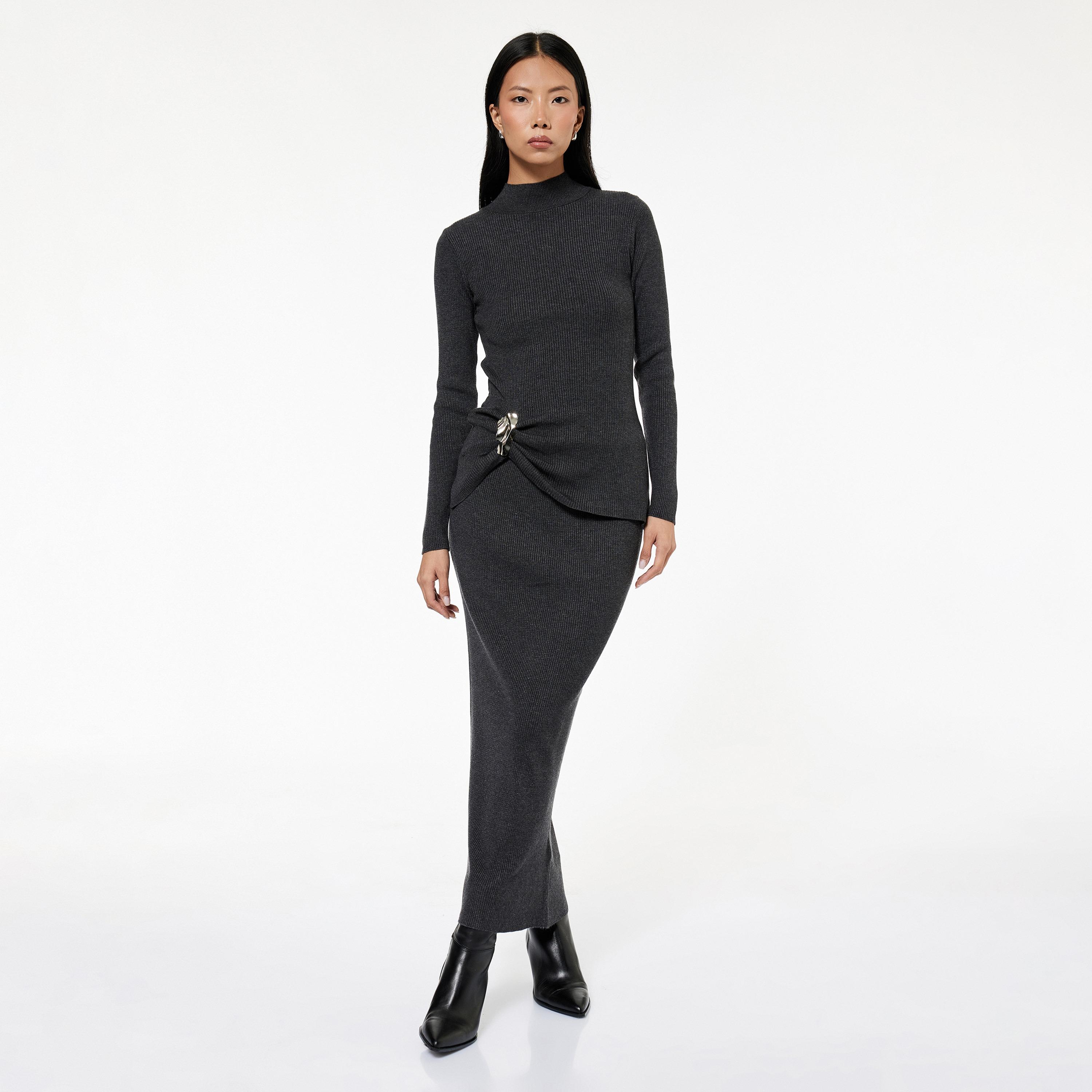 KOTON Charcoal Textured Straight Women's Skirt-women-clothing-bottoms-skirts-image-2