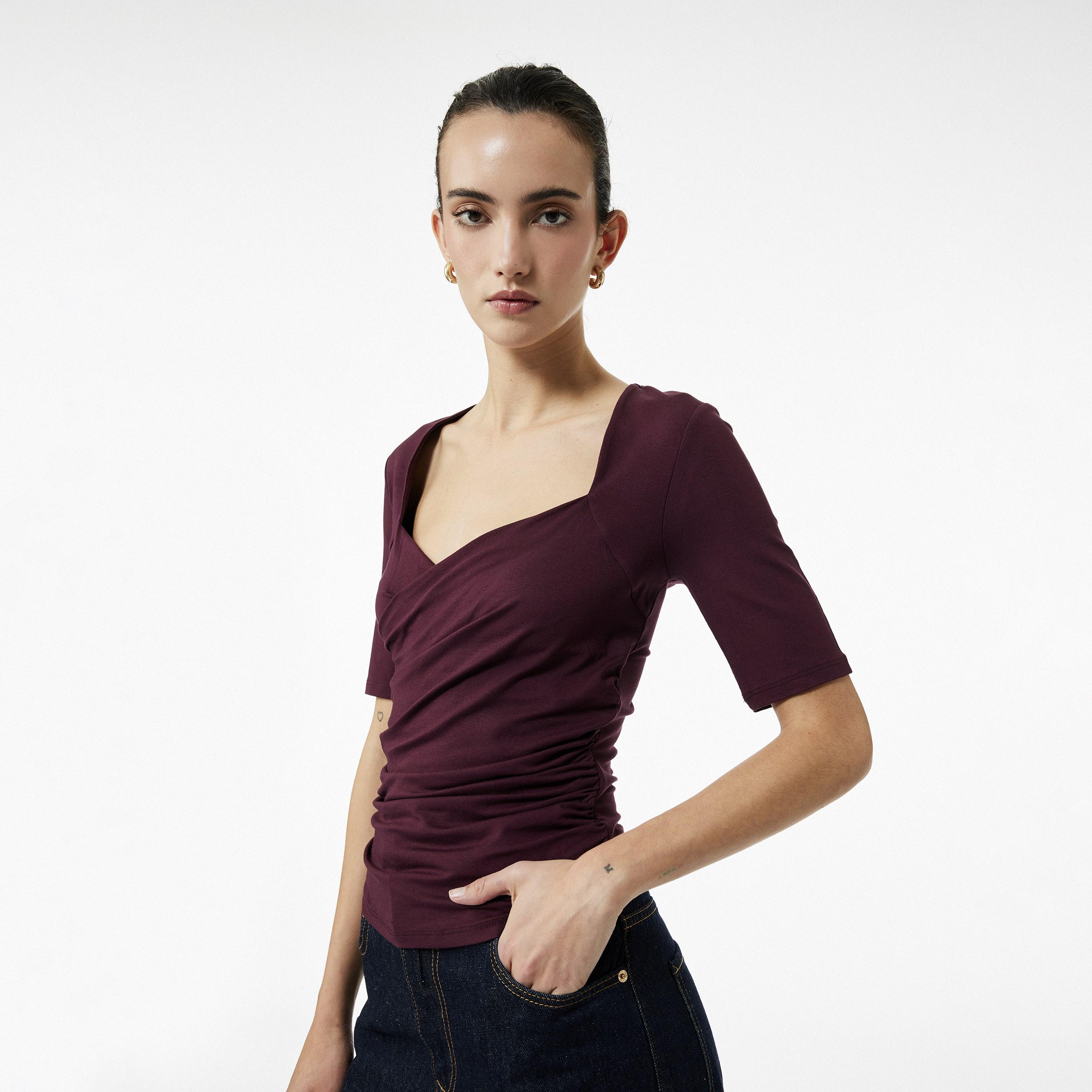 KOTON Burgundy Ruched Sweetheart Neck Women's Top-women-clothing-shirtsandblouses-blouses-image-2