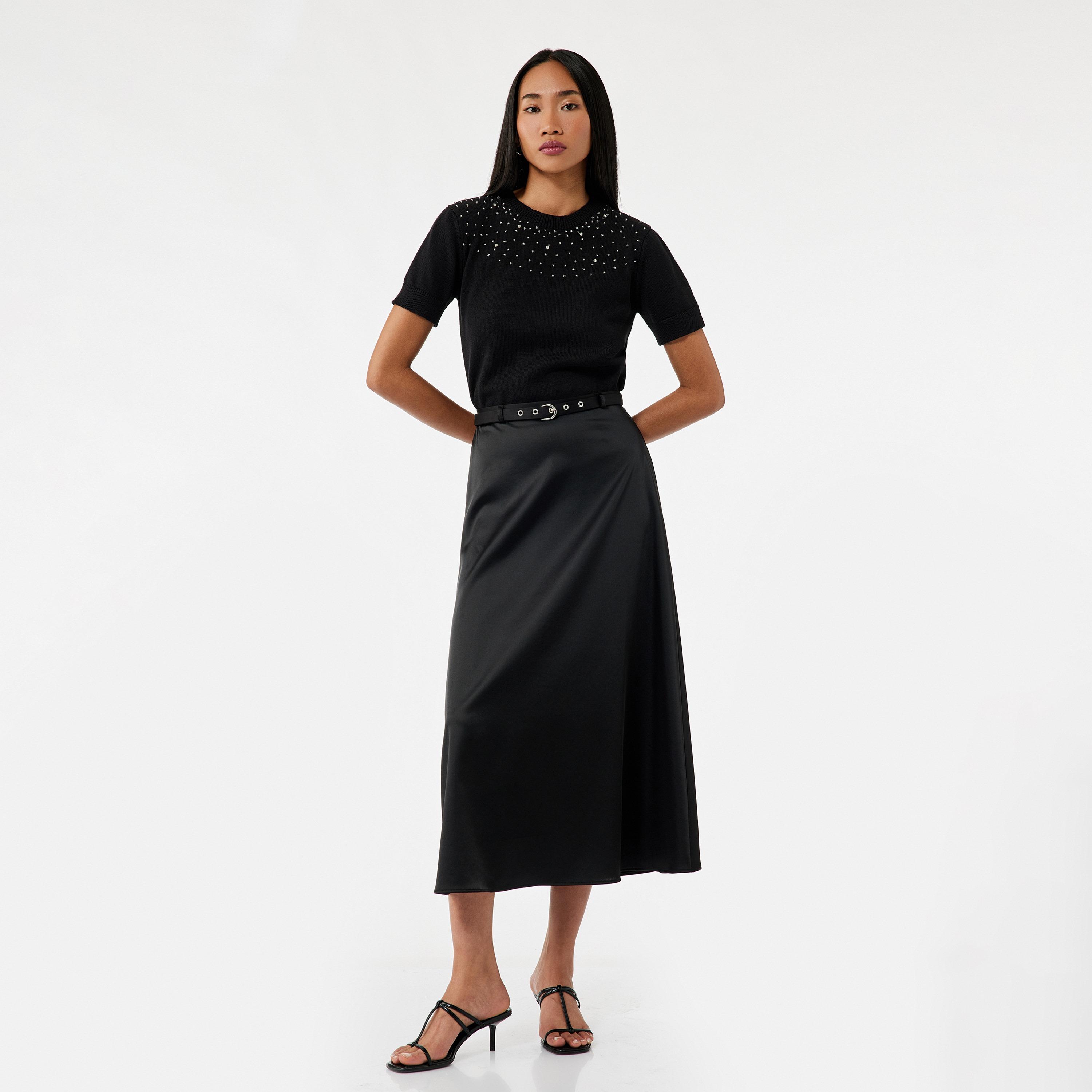 KOTON Black Satin A-Line Women's Skirt-women-clothing-bottoms-skirts-image-2