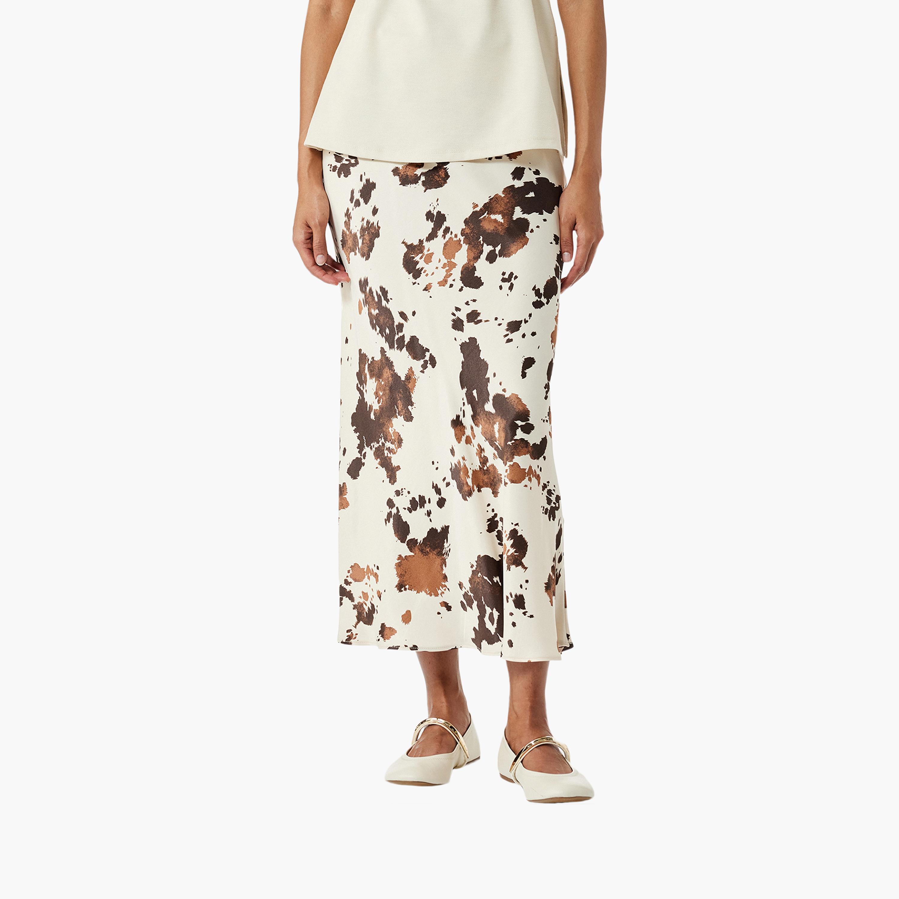 KOTON Beige Abstract Print Midi Women's Skirt-women-clothing-bottoms-skirts-image-1