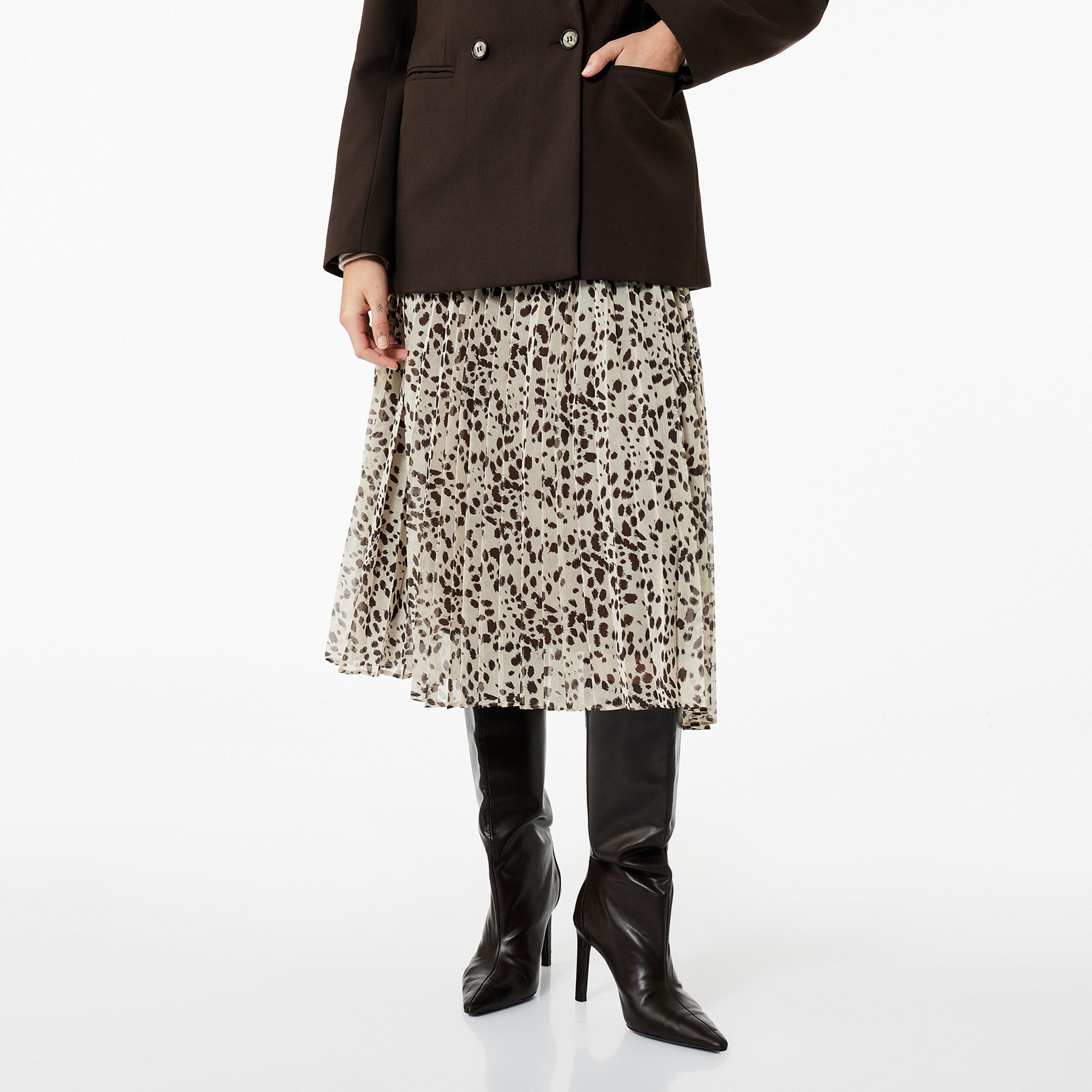 KOTON Beige Dalmatian Print Chiffon Pleated Women's Skirt-women-clothing-bottoms-skirts-image-1