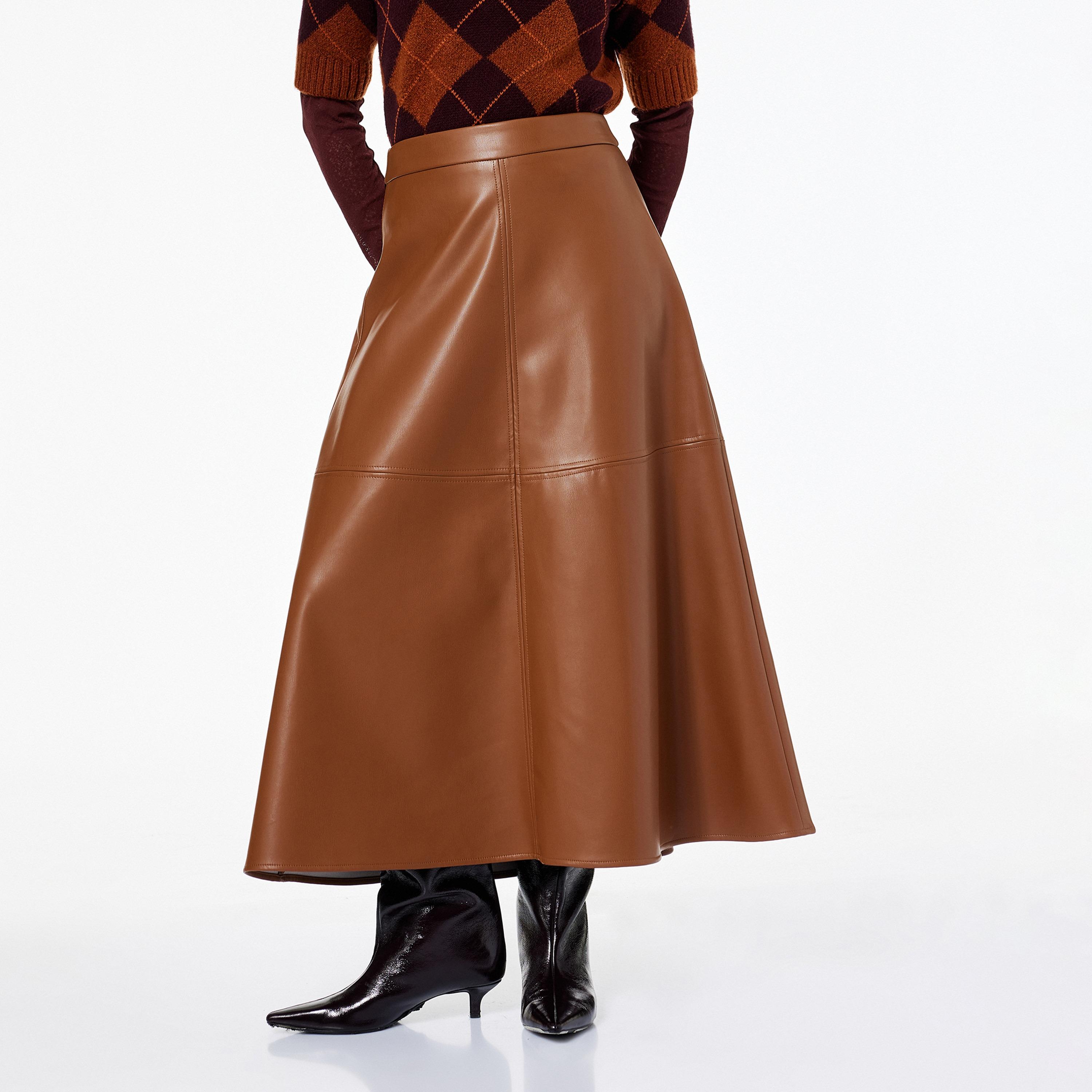 KOTON Brown Faux Leather Skater Women's Skirt-women-clothing-bottoms-skirts-image-1