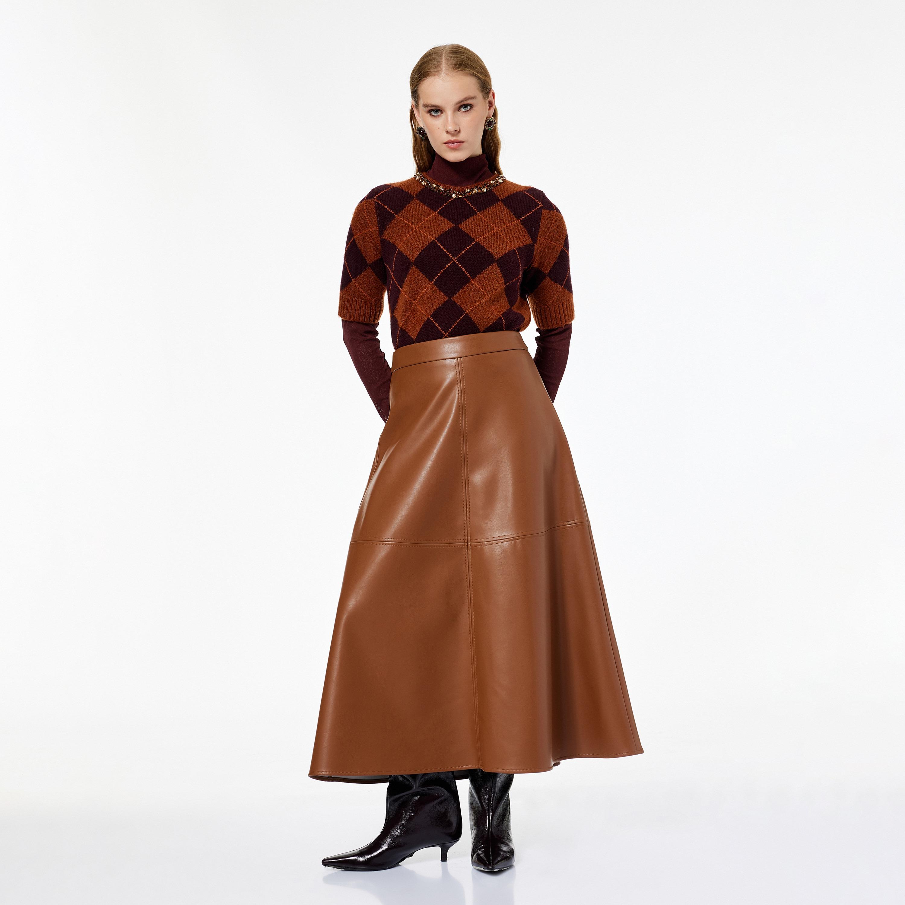 KOTON Brown Faux Leather Skater Women's Skirt-women-clothing-bottoms-skirts-image-2