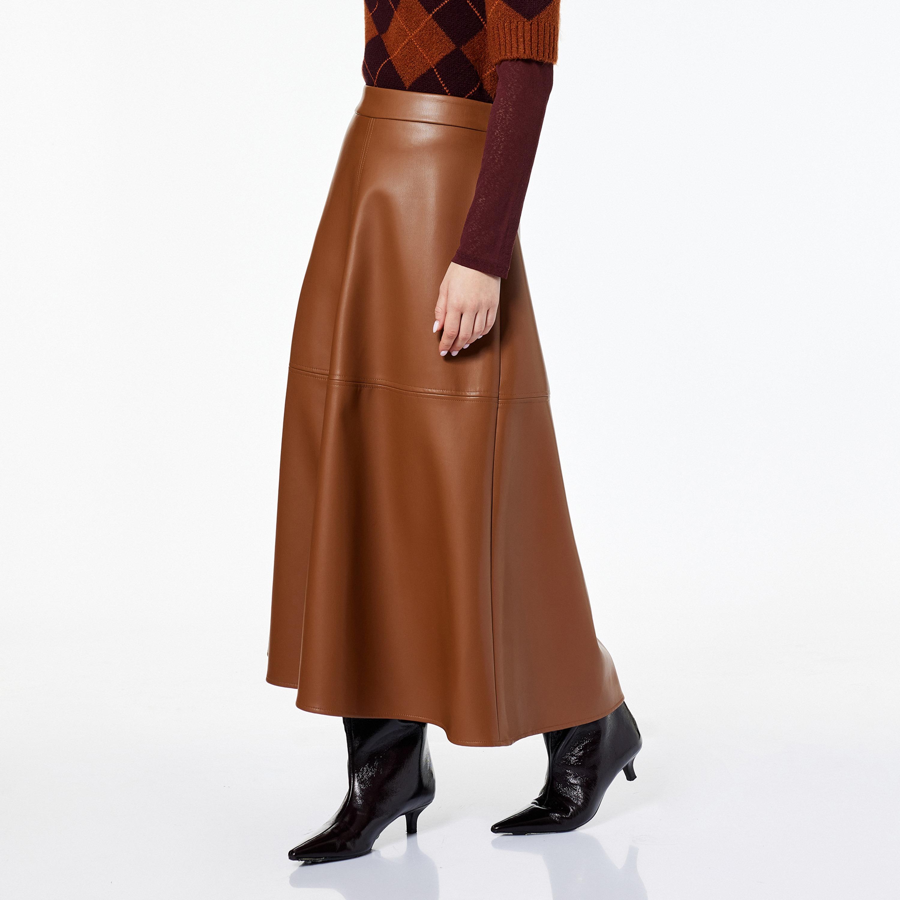 KOTON Brown Faux Leather Skater Women's Skirt-women-clothing-bottoms-skirts-image-3
