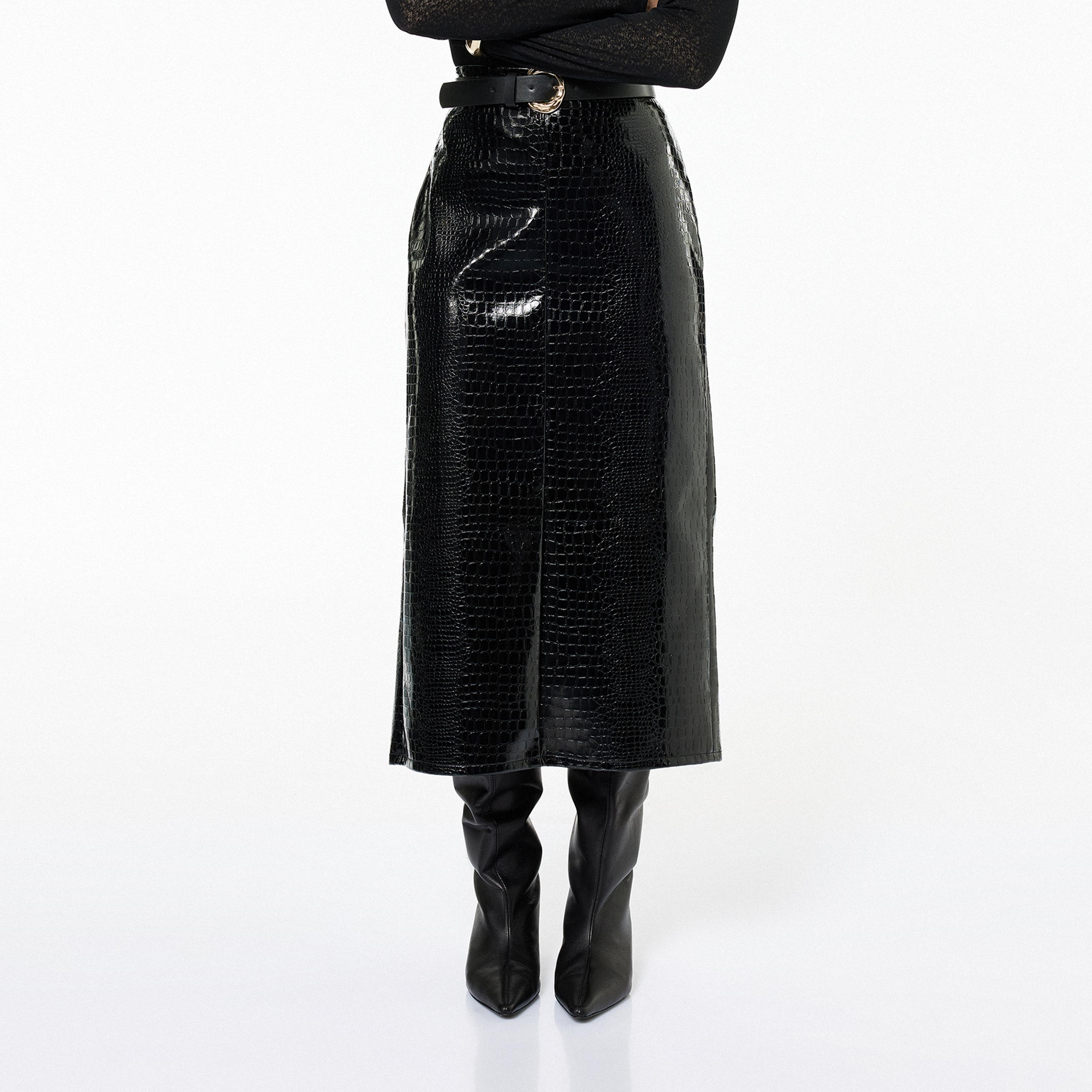 KOTON Black Croc-Textured Pencil Women's Skirt-women-clothing-bottoms-skirts-image-1