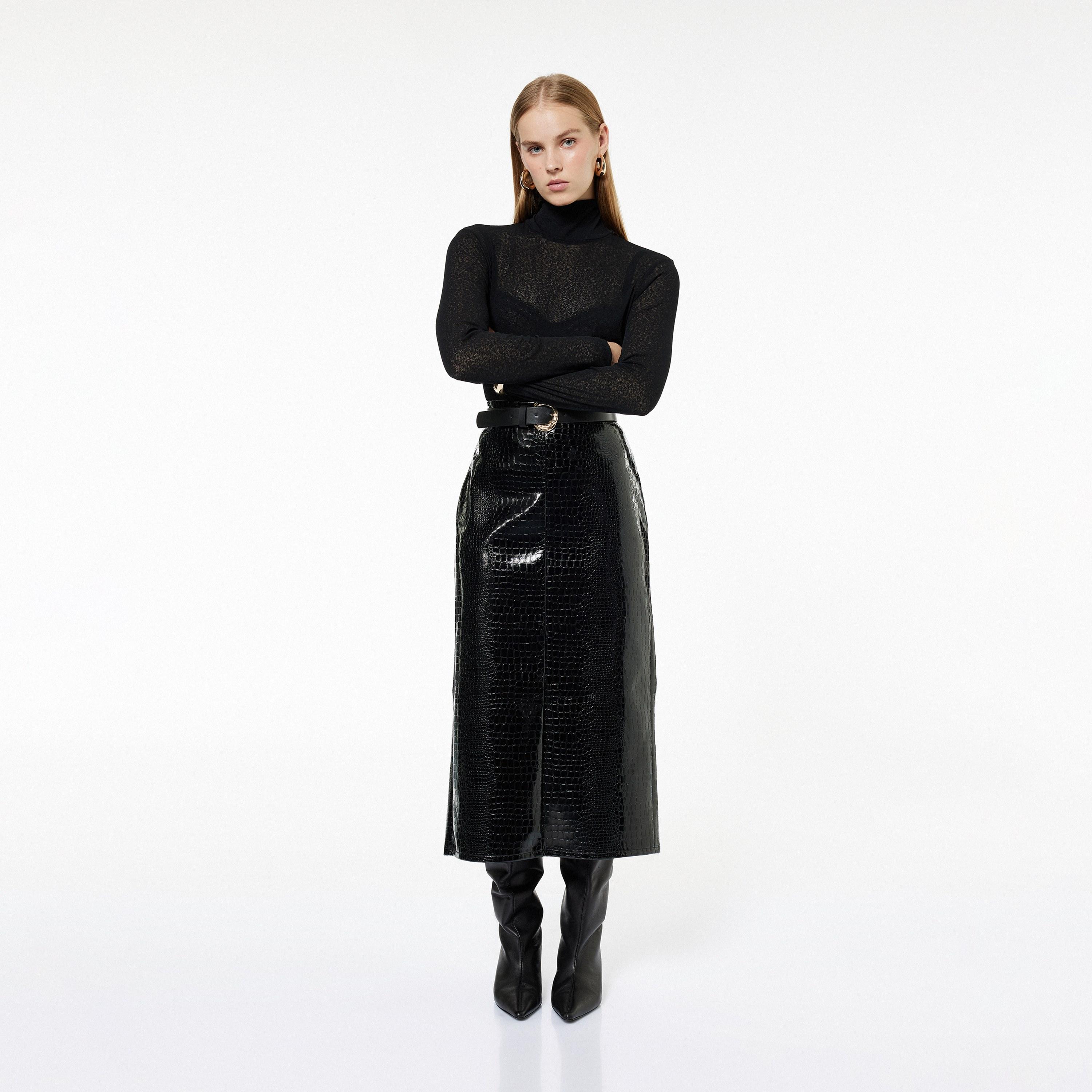 KOTON Black Croc-Textured Pencil Women's Skirt-women-clothing-bottoms-skirts-image-2