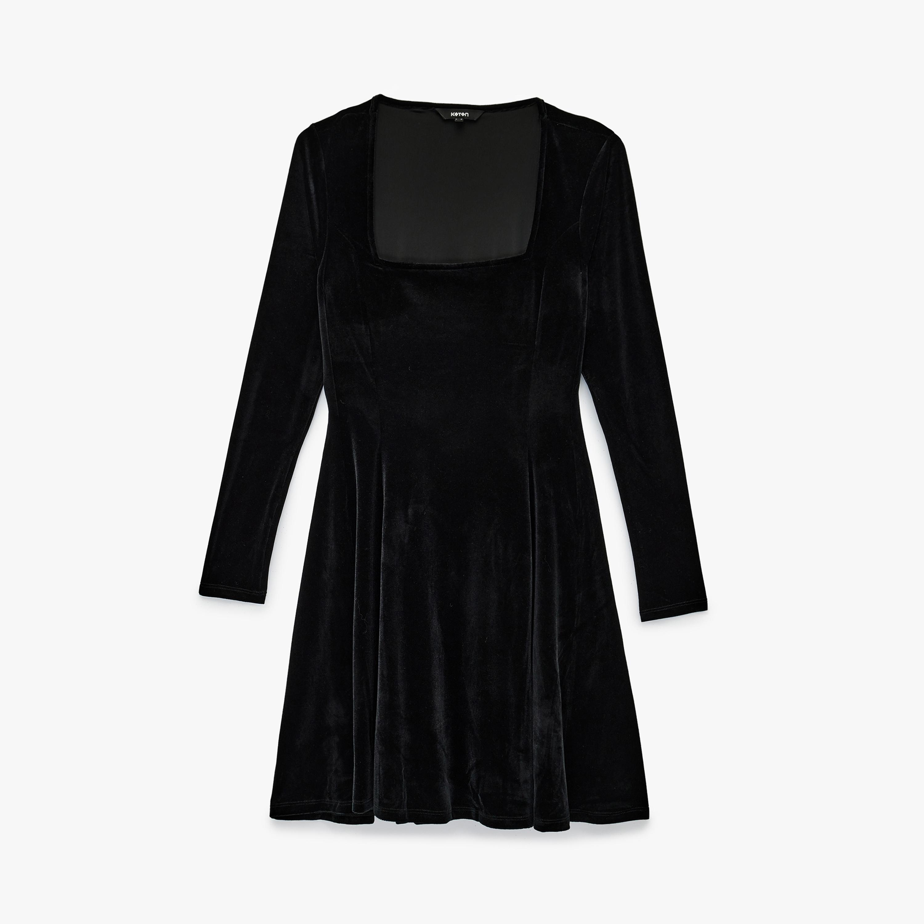 فستان سهرة ميني مخمل نسائي بفتحة رقبة مربعة باللون الأسود من كوتون-women-clothing-dresses-image-3