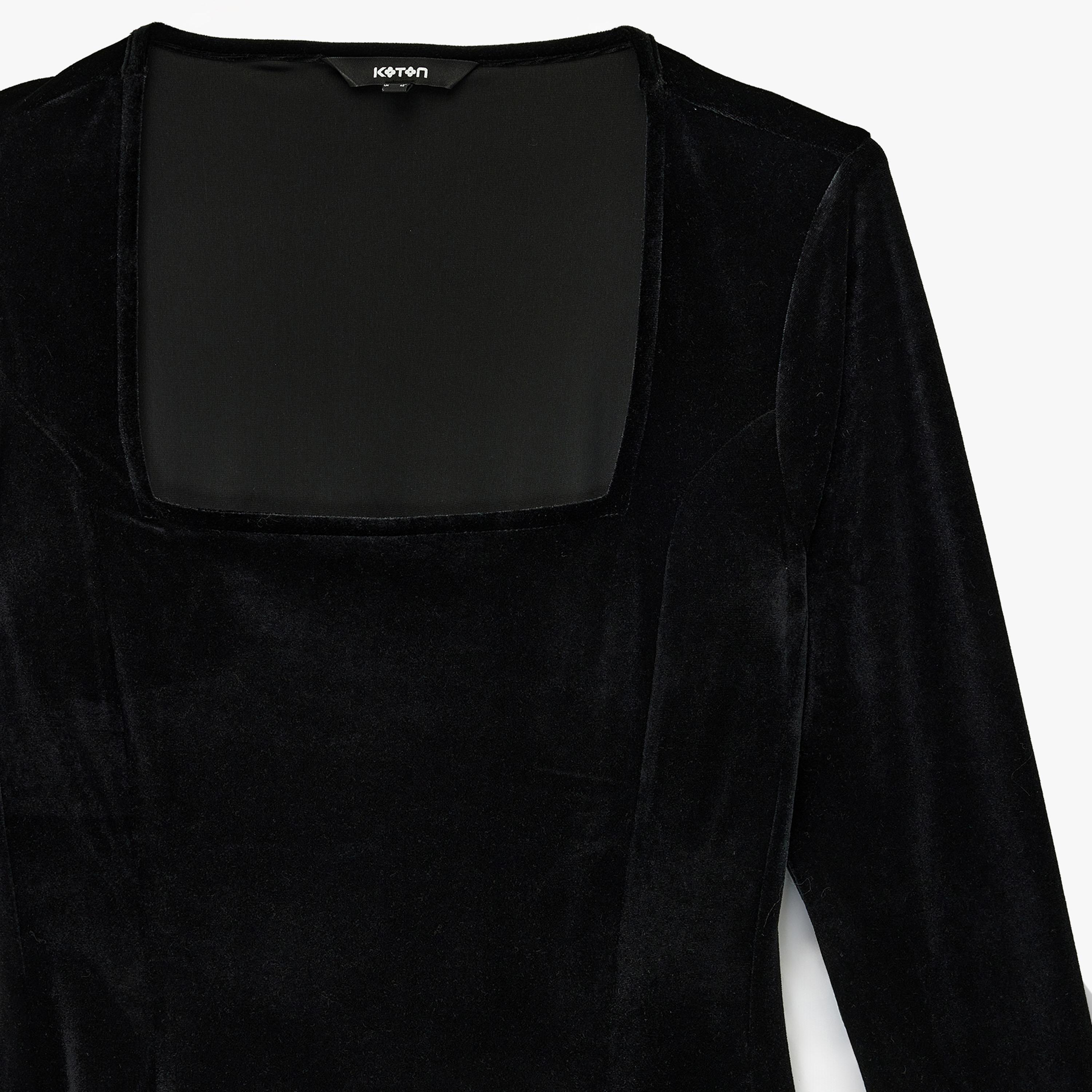 فستان سهرة ميني مخمل نسائي بفتحة رقبة مربعة باللون الأسود من كوتون-women-clothing-dresses-image-4
