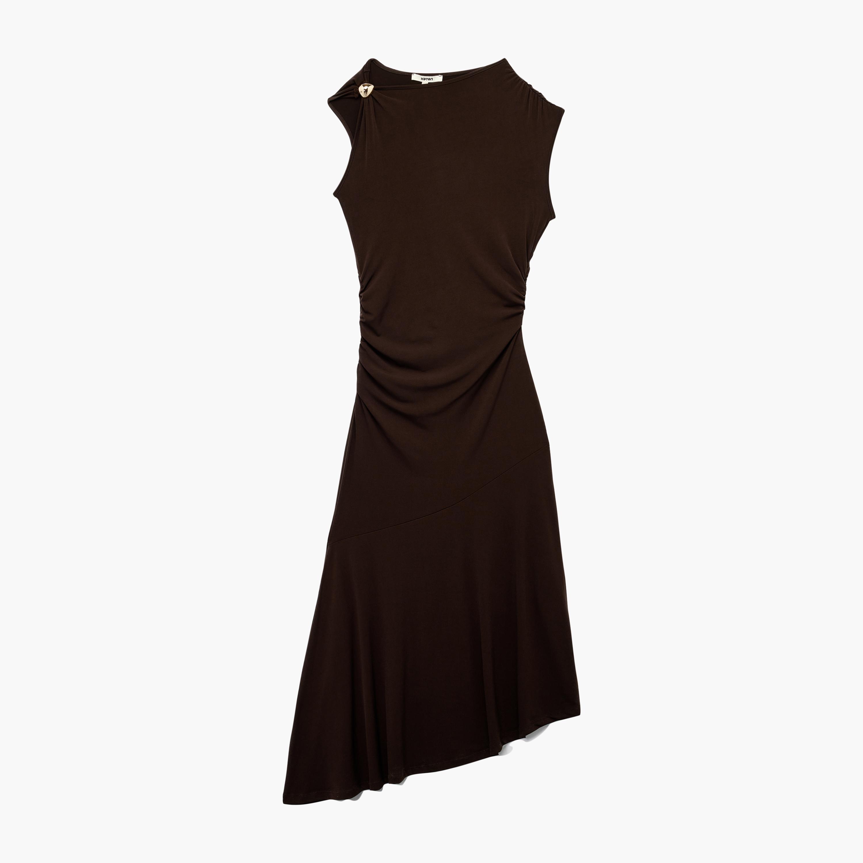 KOTON Brown Ruched Sheath Women's Midi Dress-women-clothing-dresses-image-3