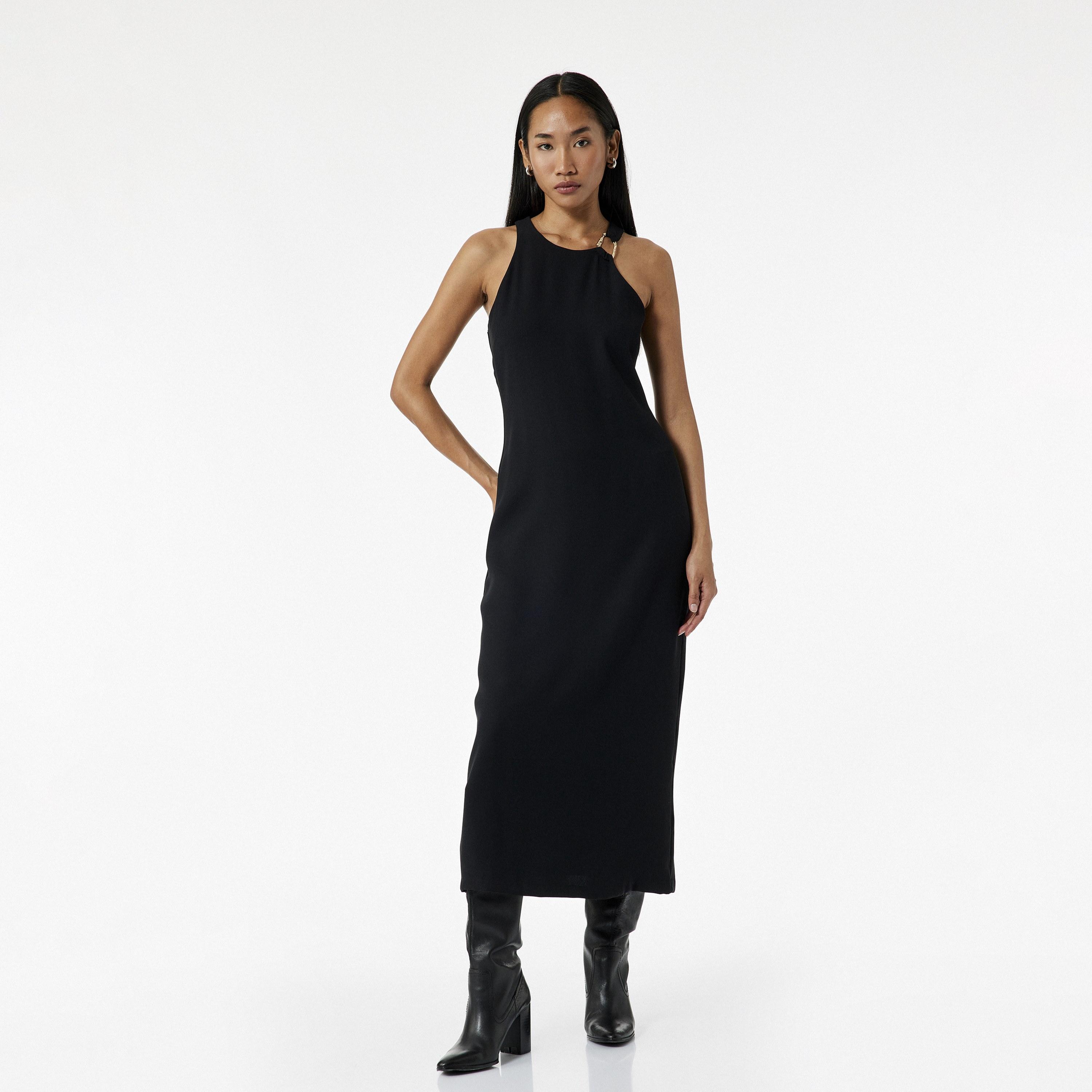 فستان ميدي نسائي كريب بقصة ضيقة ورقبة هالتر من كوتون-women-clothing-dresses-image-1