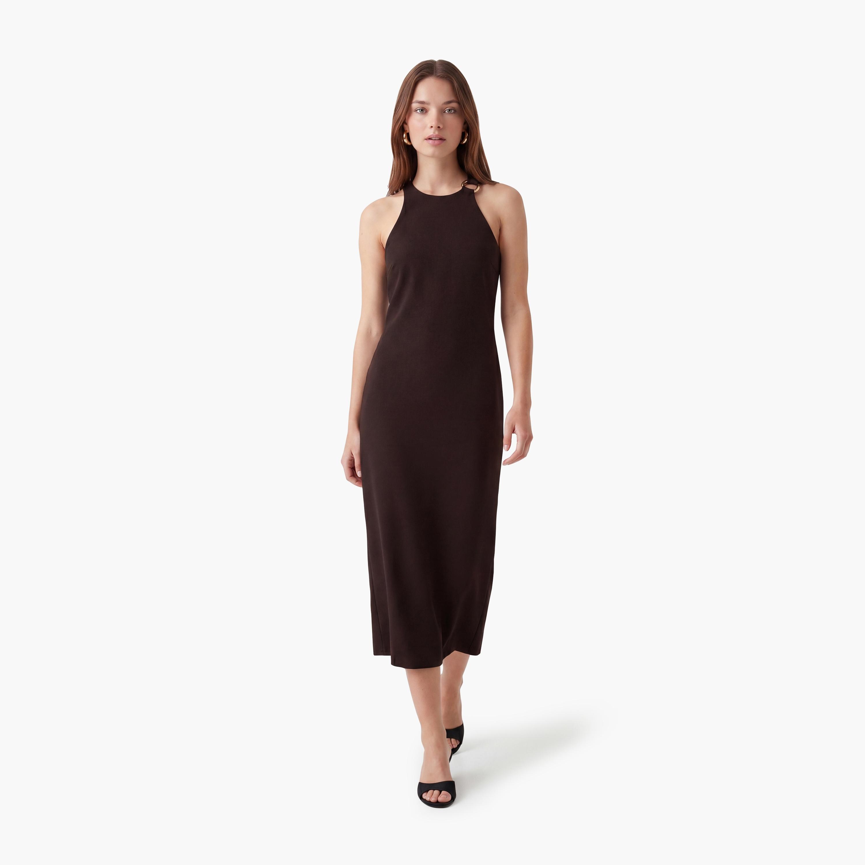 فستان ميدي نسائي كريب بقصة ضيقة ورقبة هالتر من كوتون-women-clothing-dresses-image-5