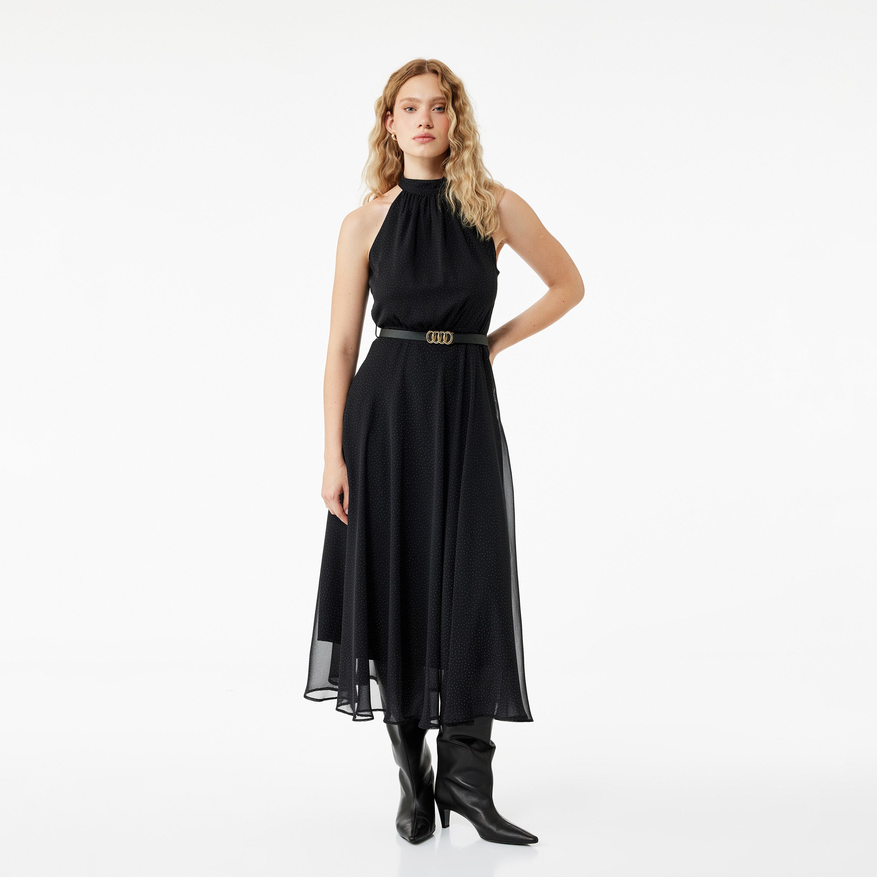 KOTON Black Polka Dot Halter Neck Fit & Flared Women's Midi Dress-women-clothing-dresses-image-1