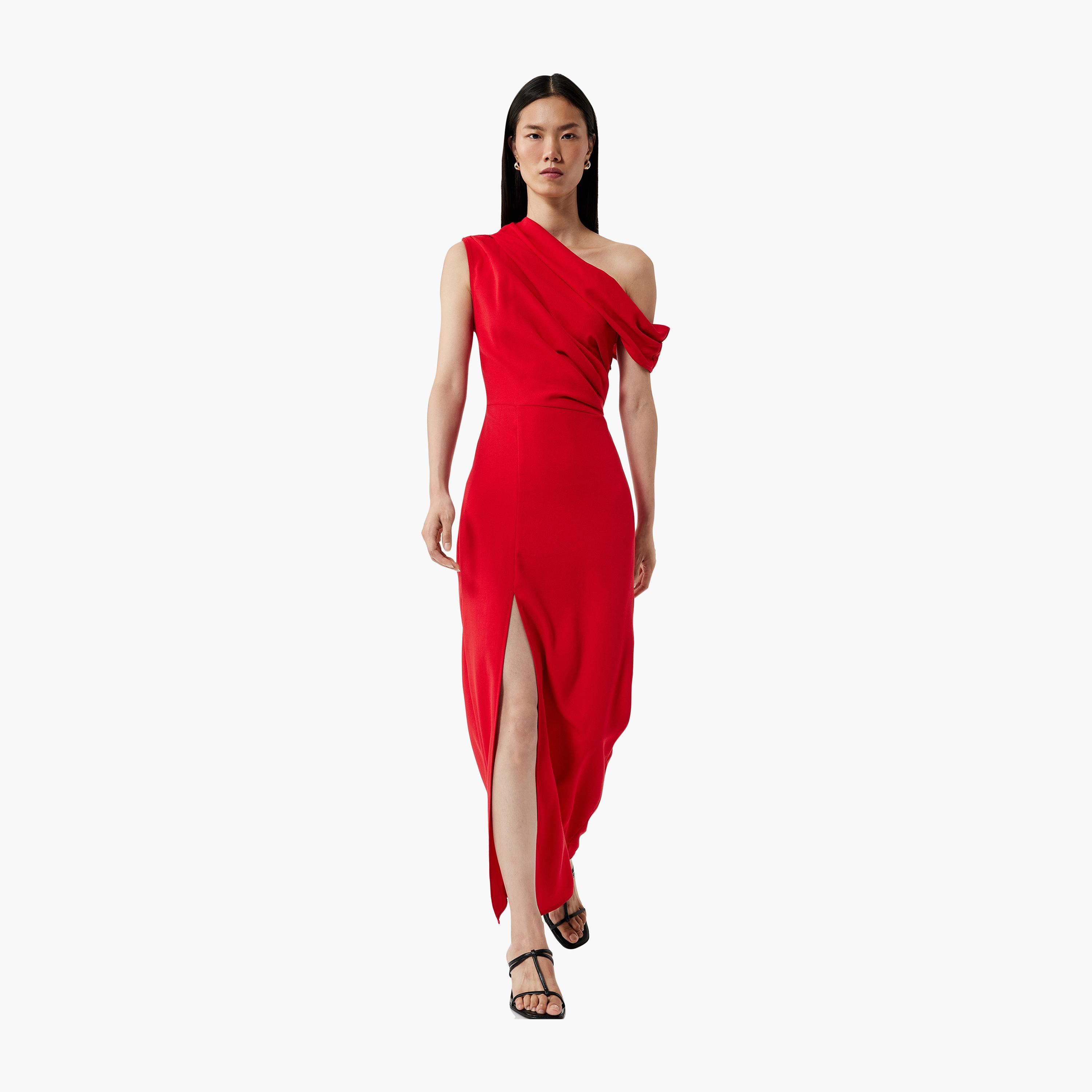 فستان ماكسي أحمر بفتحة كتف واحدة للنساء من كوتون-women-clothing-dresses-image-1