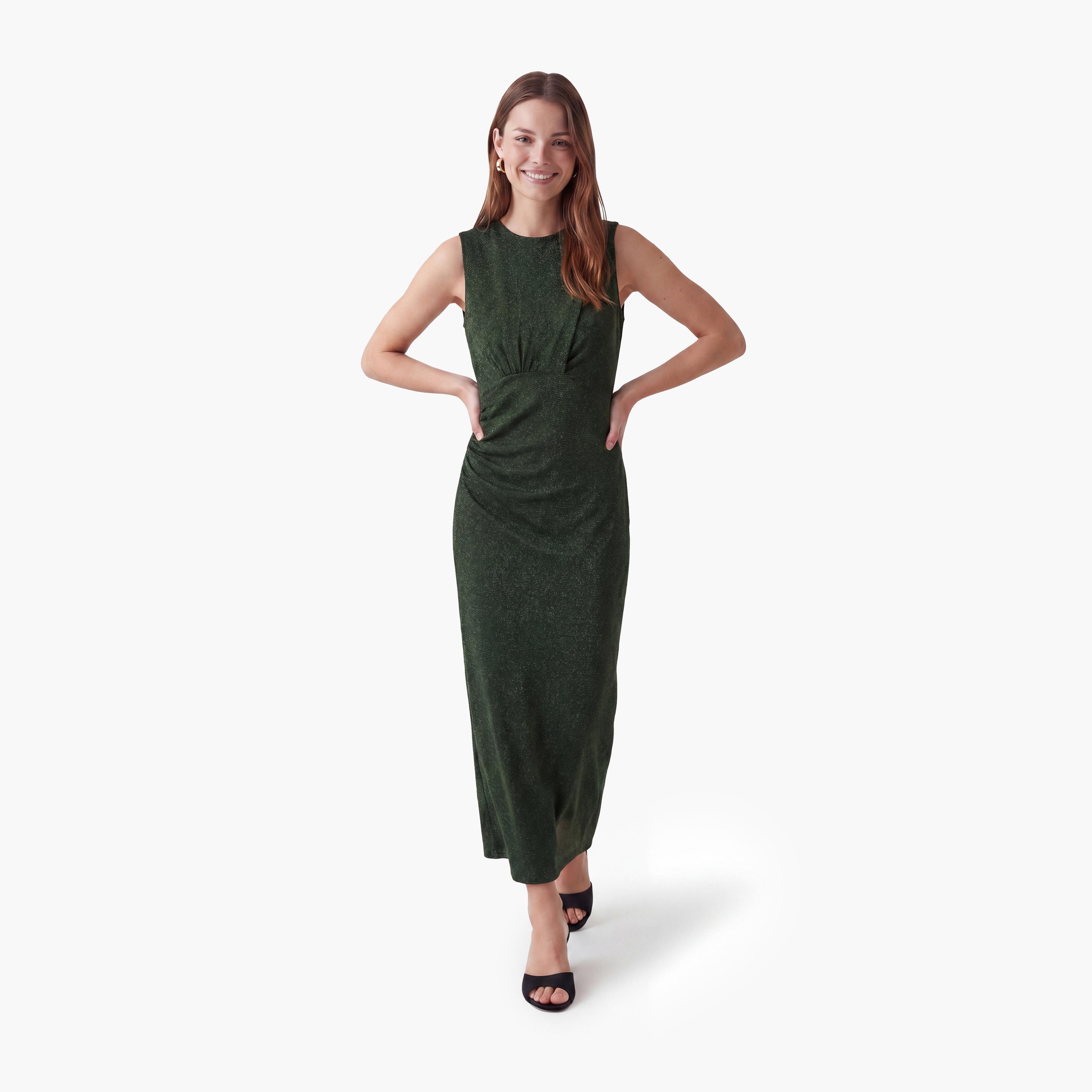 فستان ميدي نسائي بقصة مستقيمة ببريق ميتاليك بلون أخضر من كوتون-women-clothing-dresses-image-1