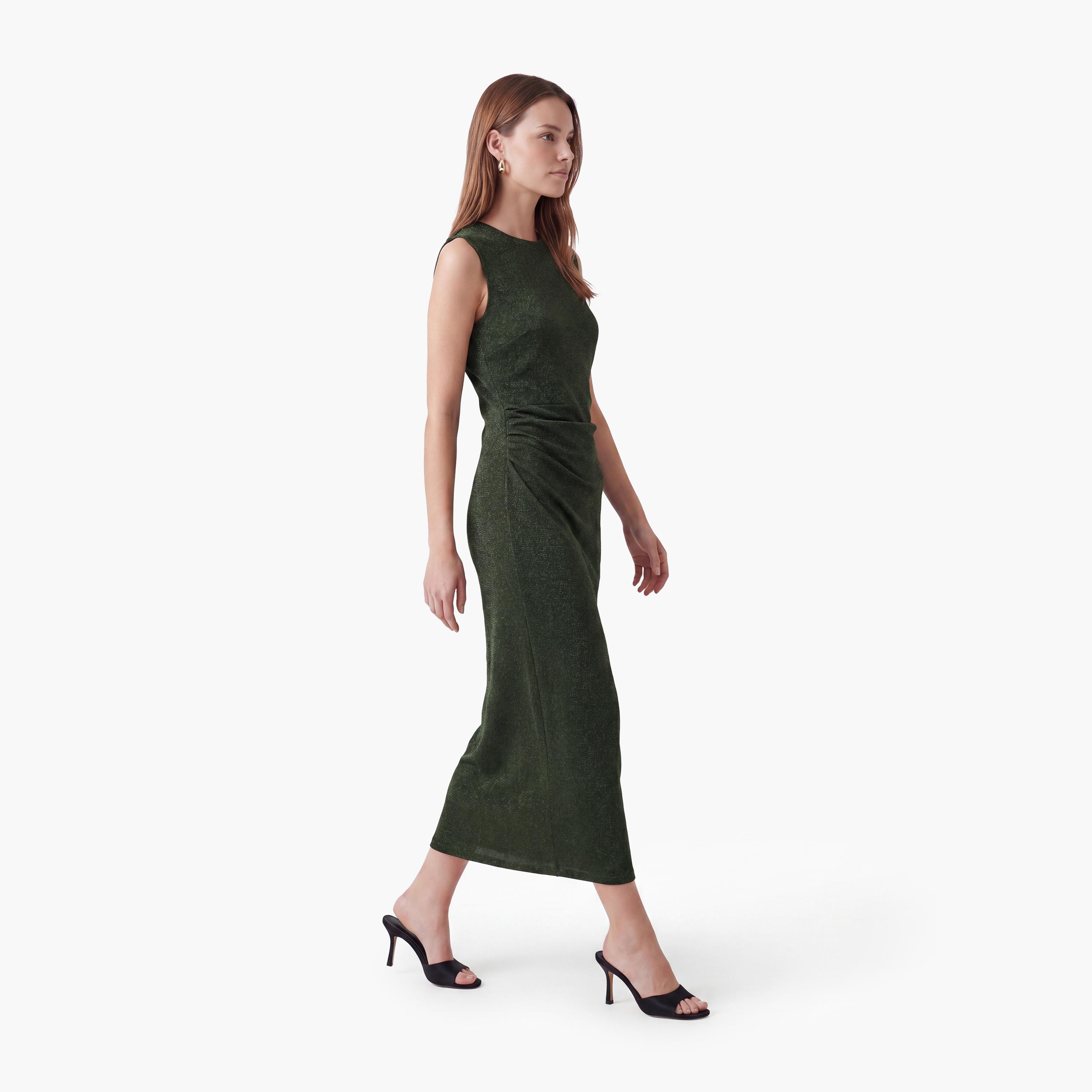 فستان ميدي نسائي بقصة مستقيمة ببريق ميتاليك بلون أخضر من كوتون-women-clothing-dresses-image-2
