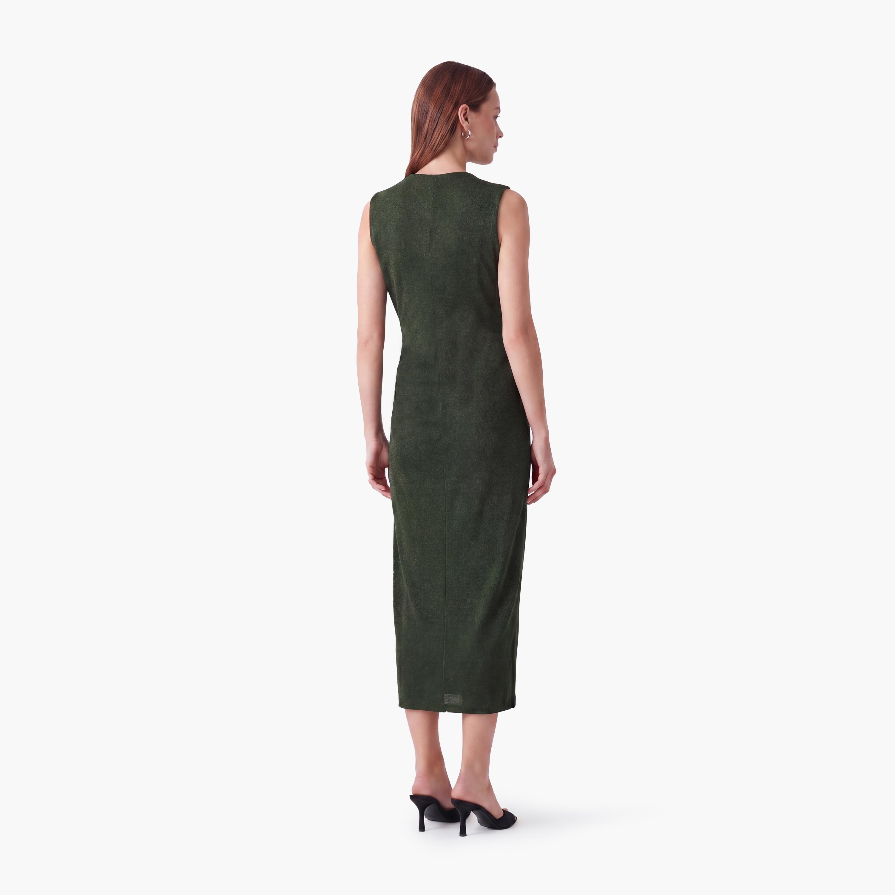 فستان ميدي نسائي بقصة مستقيمة ببريق ميتاليك بلون أخضر من كوتون-women-clothing-dresses-image-3