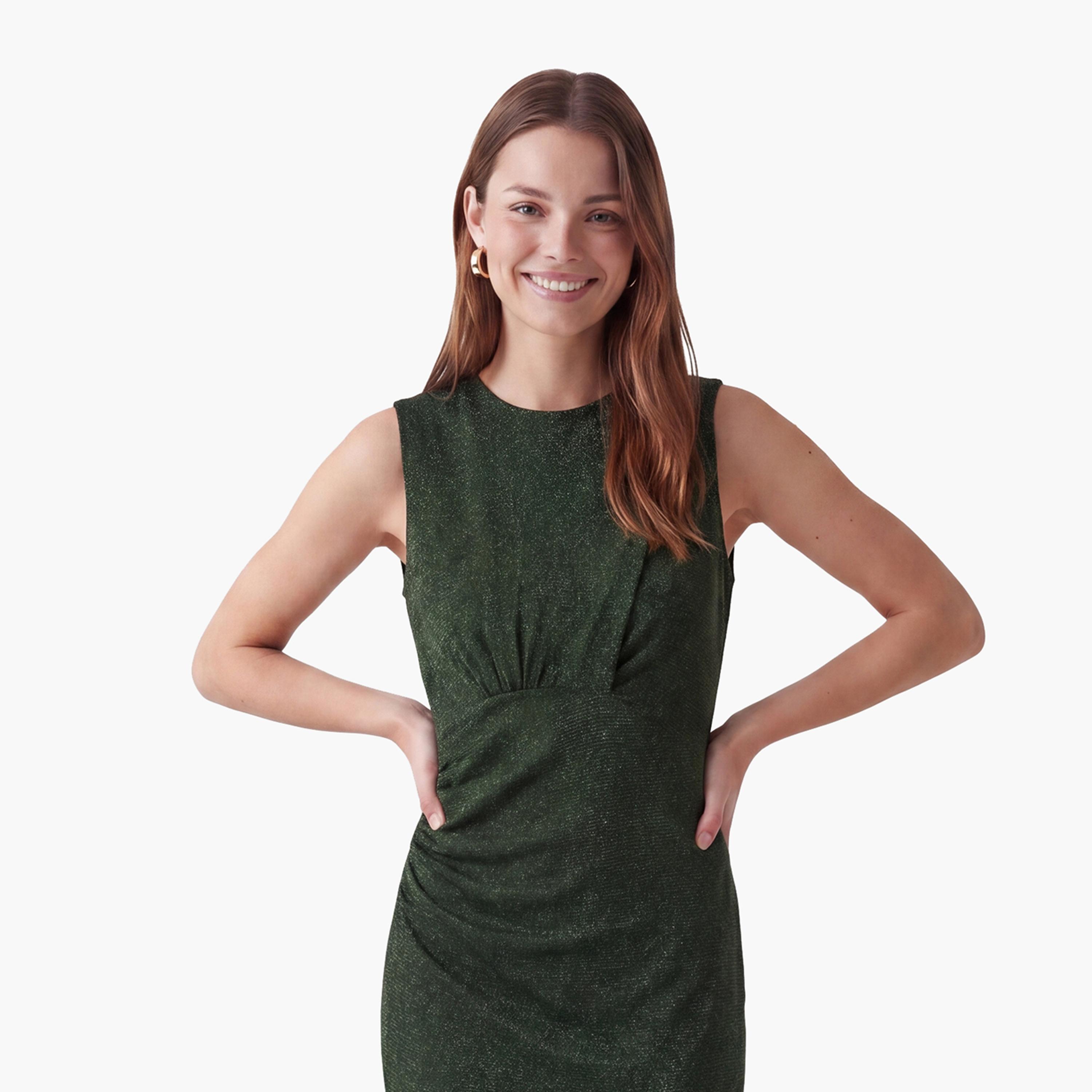 KOTON Green Shimmery Metallic Straight Women's Midi Dress-women-clothing-dresses-image-4