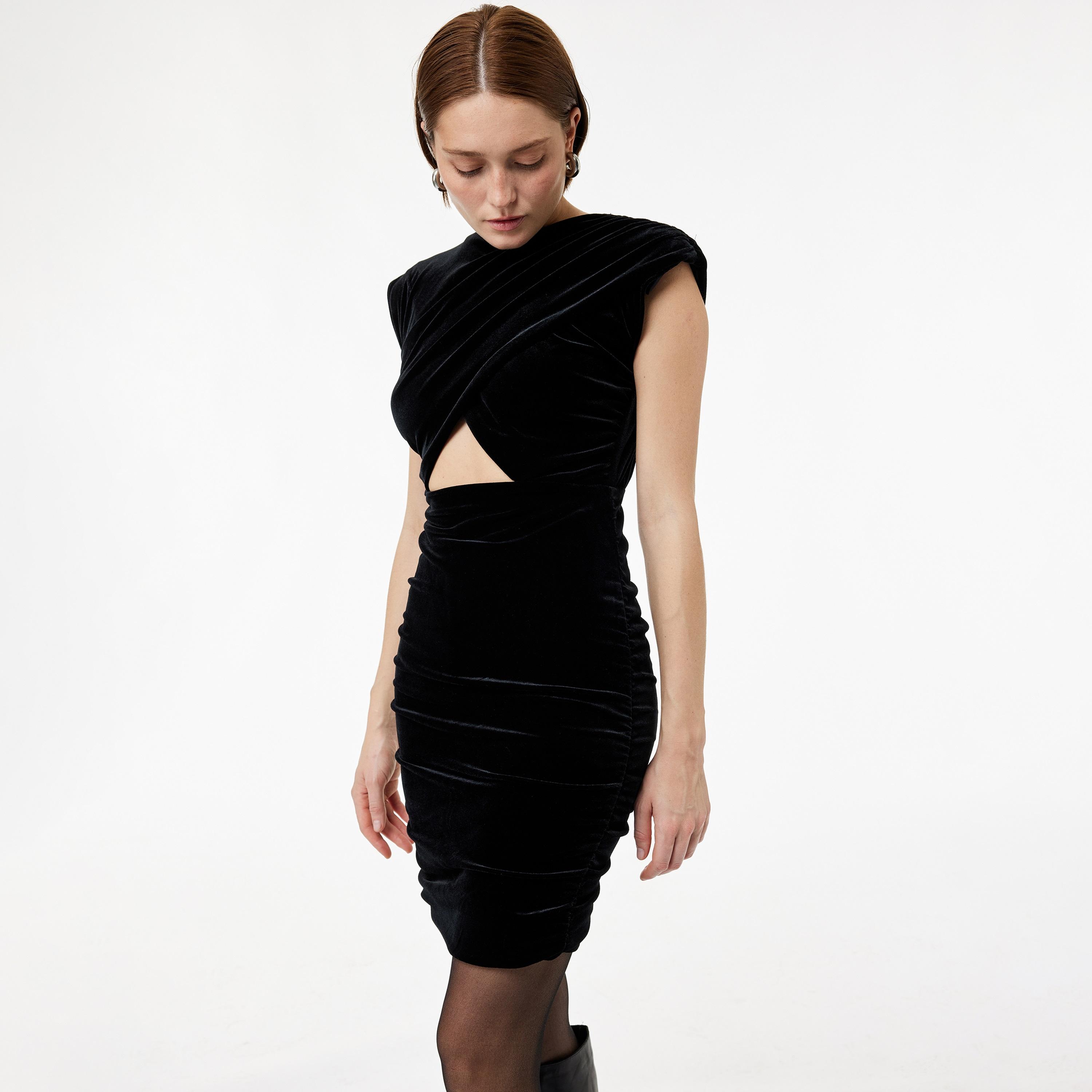 KOTON Black Velvet Bodycon Women's Evening Mini Dress-women-clothing-dresses-image-2