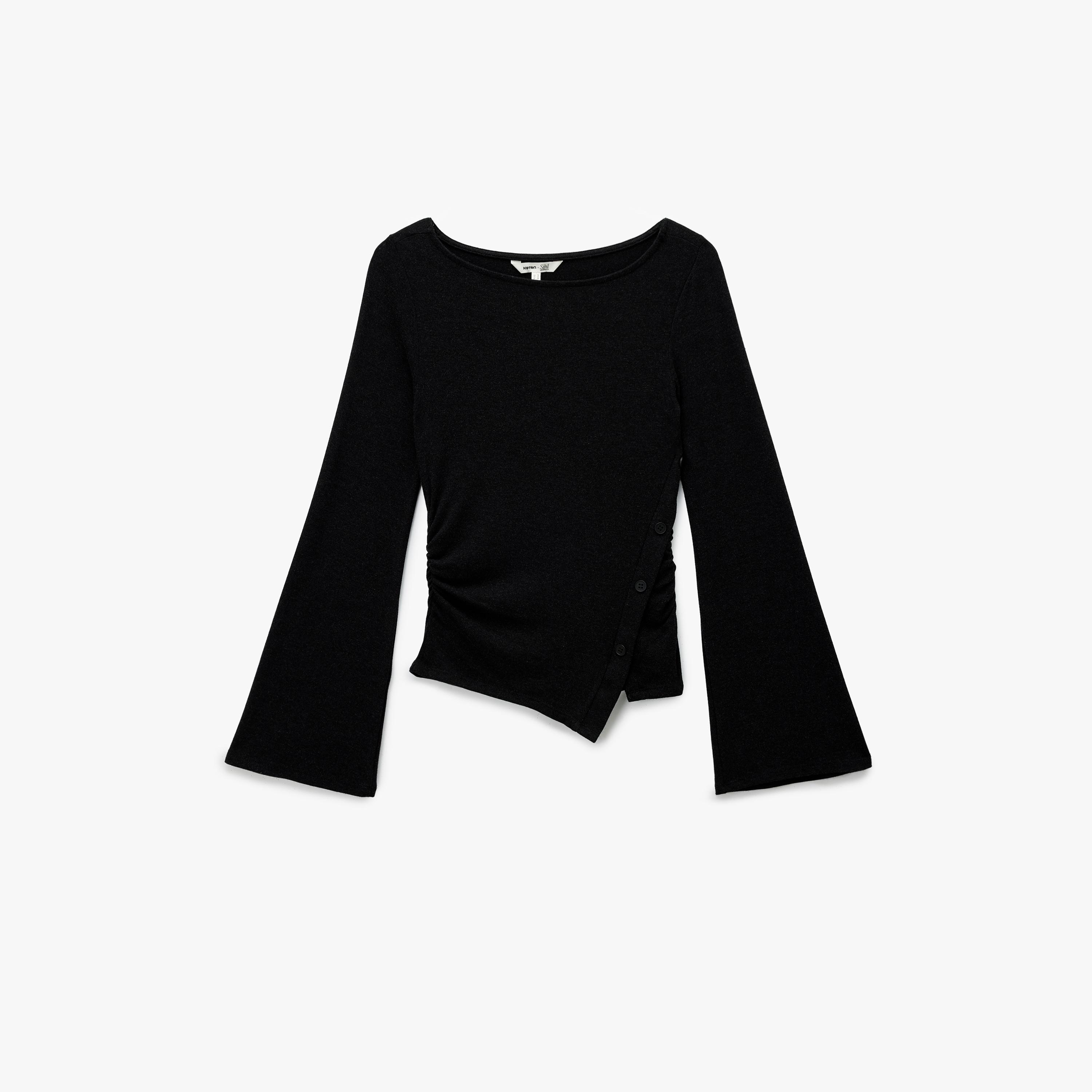 KOTON Black Boat Neck Flared Sleeves Women's Top-women-clothing-shirtsandblouses-blouses-image-3