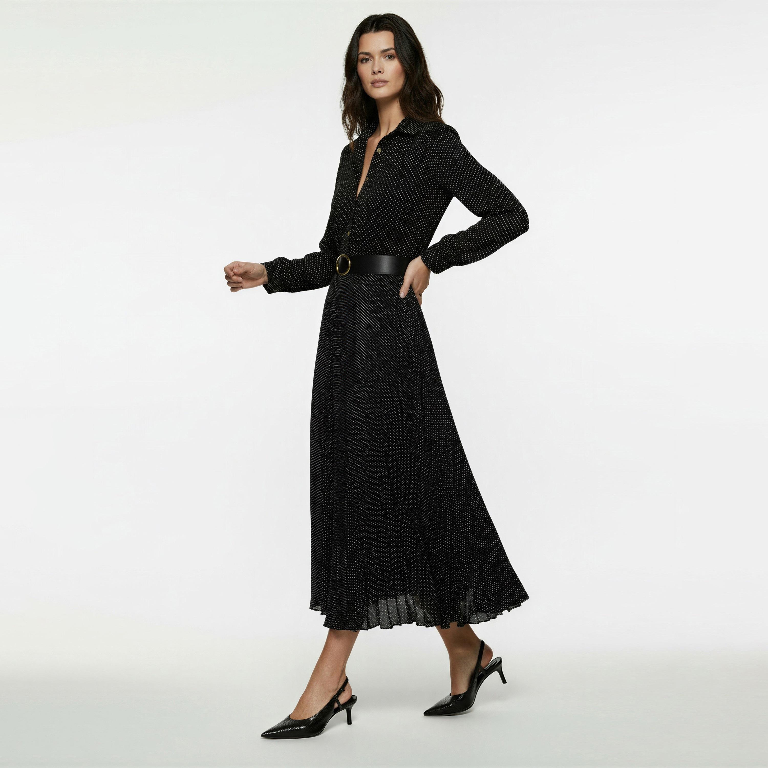 KOTON Black Polka Dot Spread Collar Bishop Sleeves Shirt Women's Midi Dress-women-clothing-dresses-image-1