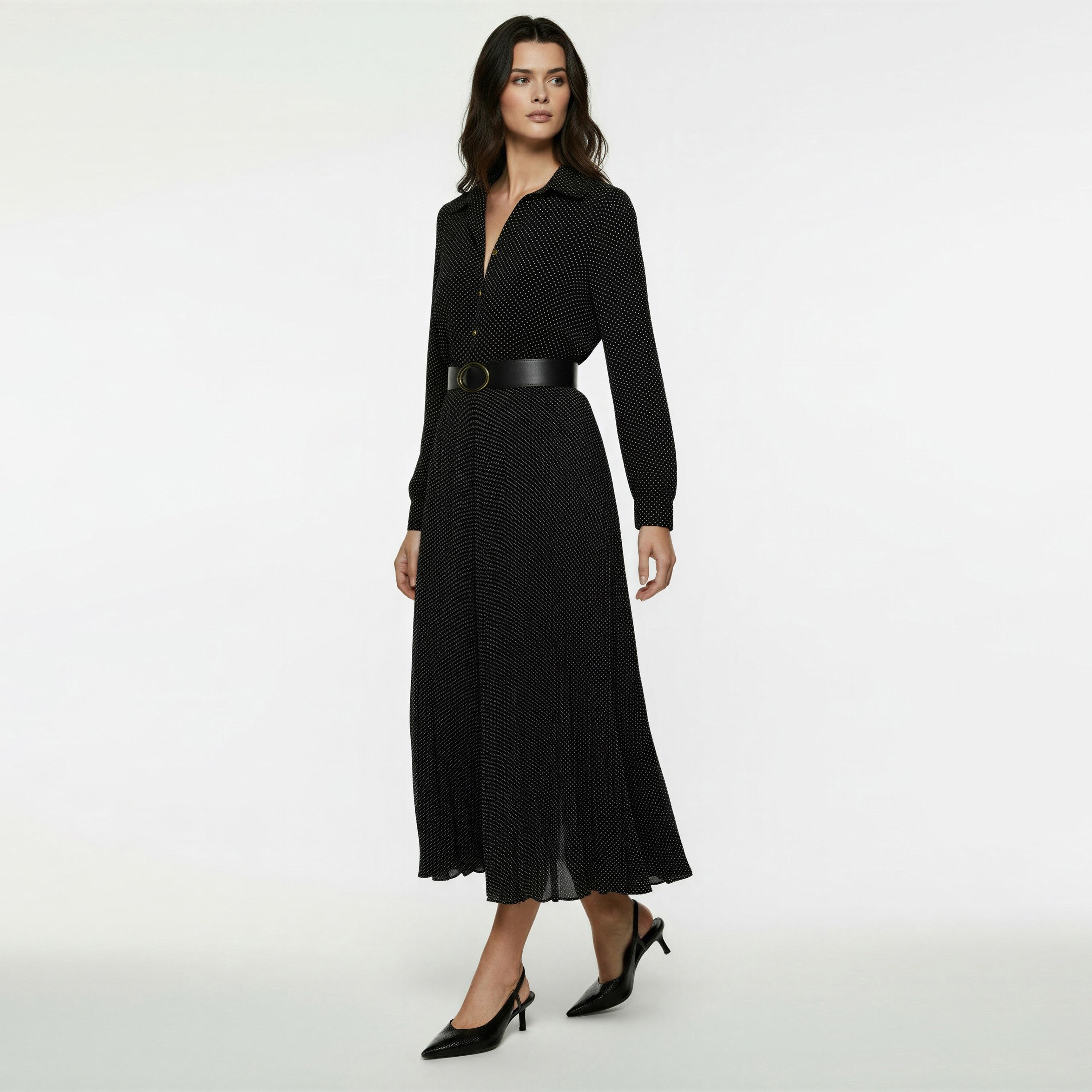 فستان ميدي نسائي بنمط قميص بنقاط بولكا سوداء وياقة مفرودة وأكمام بيشوب من كوتون-women-clothing-dresses-image-2