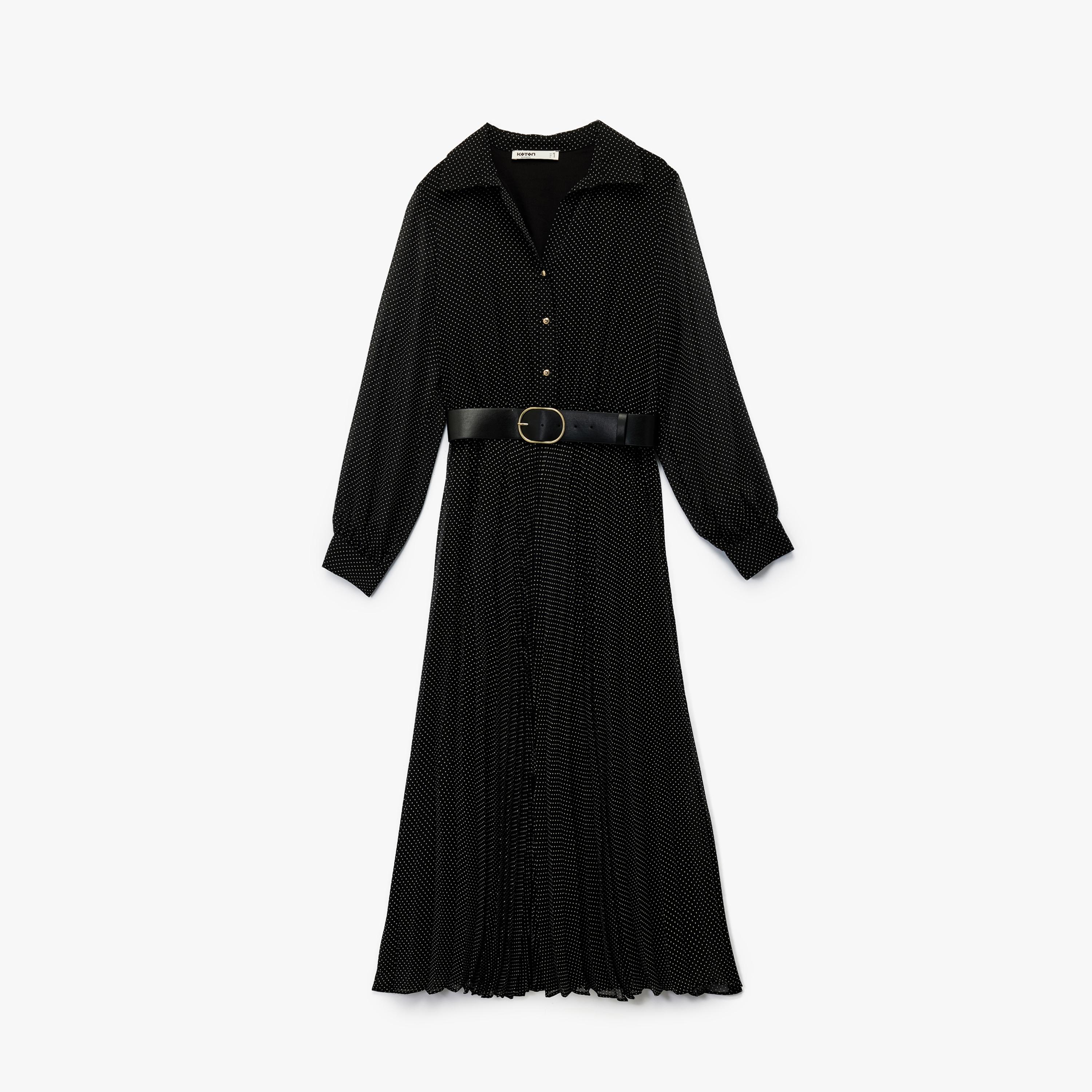 فستان ميدي نسائي بنمط قميص بنقاط بولكا سوداء وياقة مفرودة وأكمام بيشوب من كوتون-women-clothing-dresses-image-3