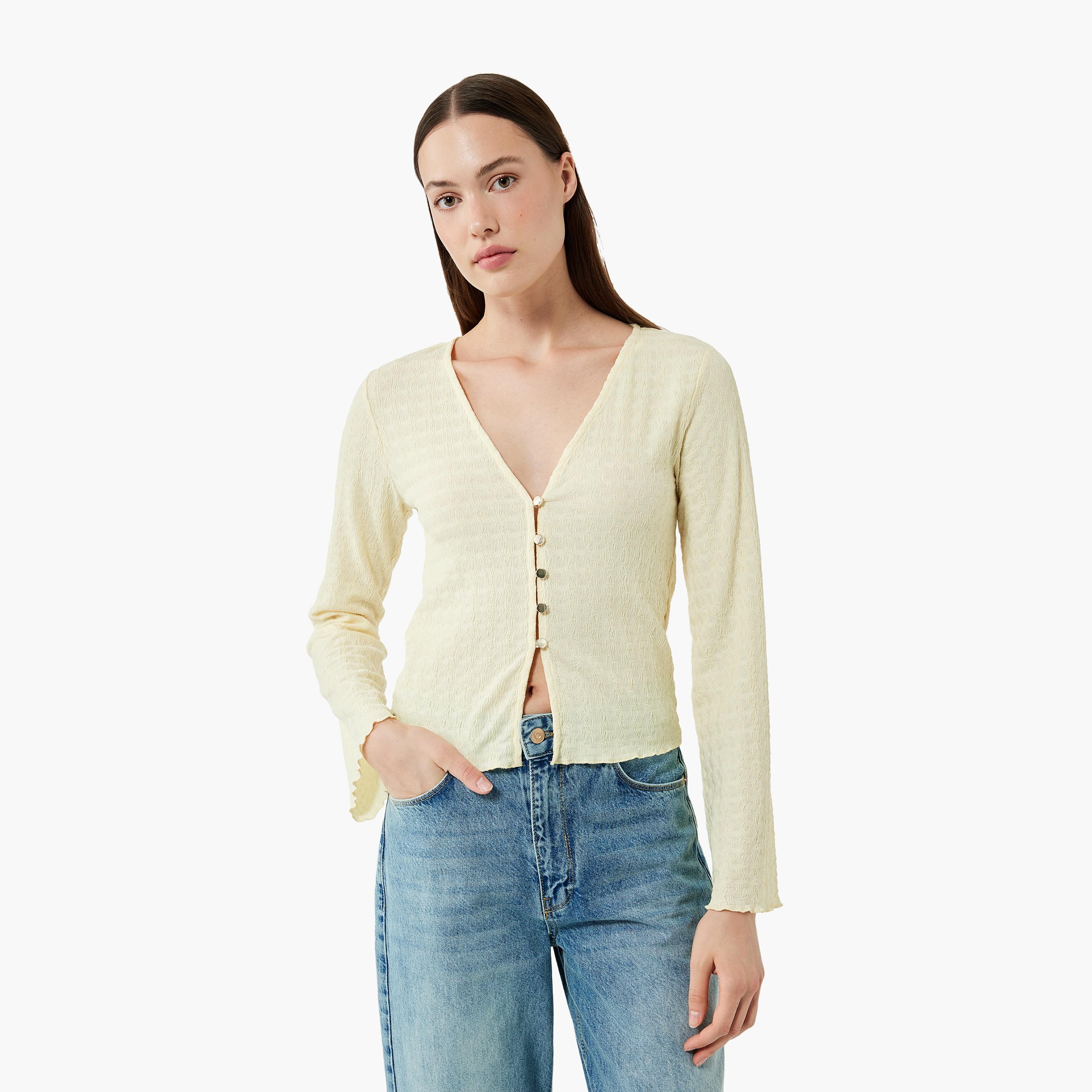 بلوزة نسائية مجعدة باللون الأصفر من كوتون-women-clothing-shirtsandblouses-blouses-image-1