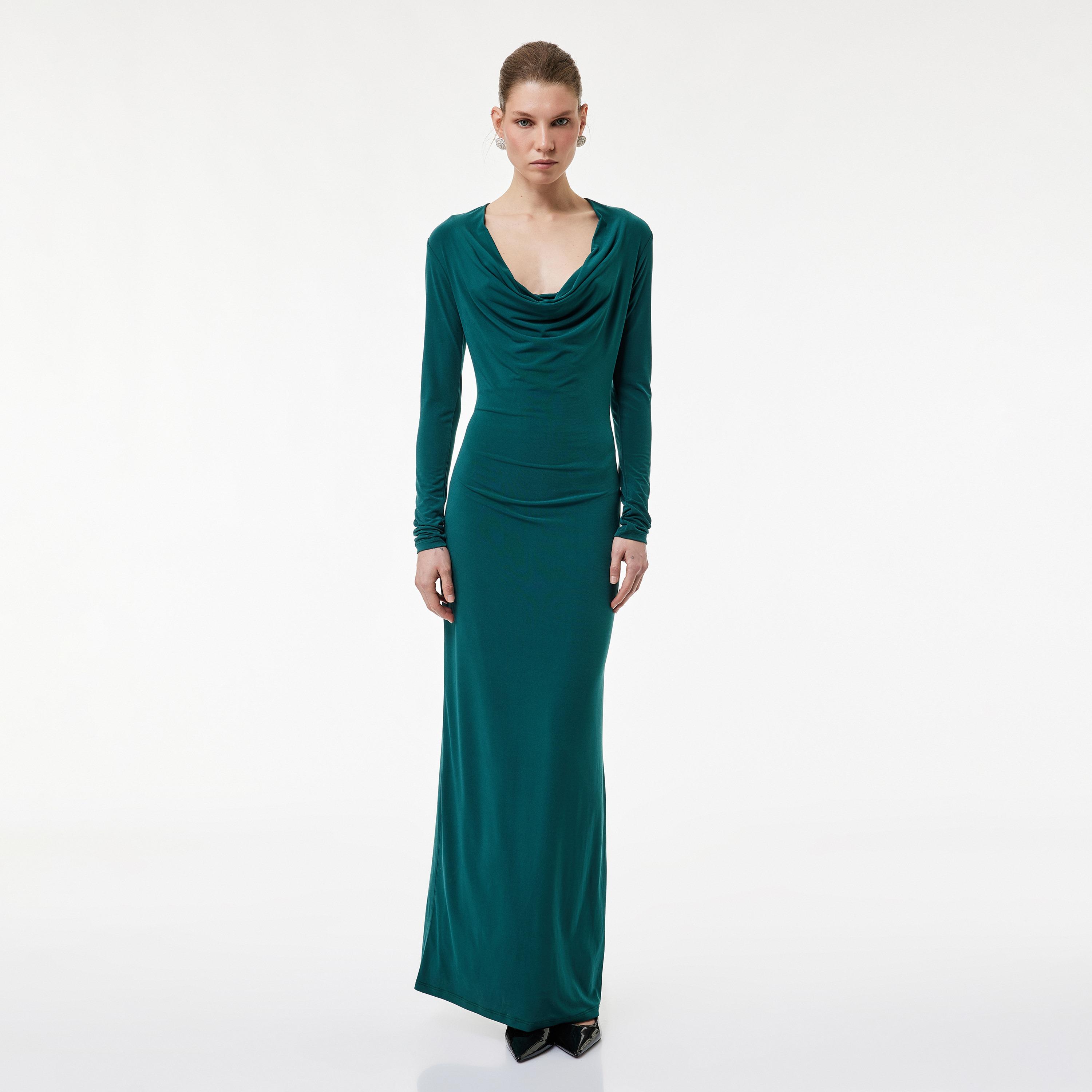 KOTON Teal Cowl Neck Column Women's Evening Maxi Dress-women-clothing-dresses-image-1