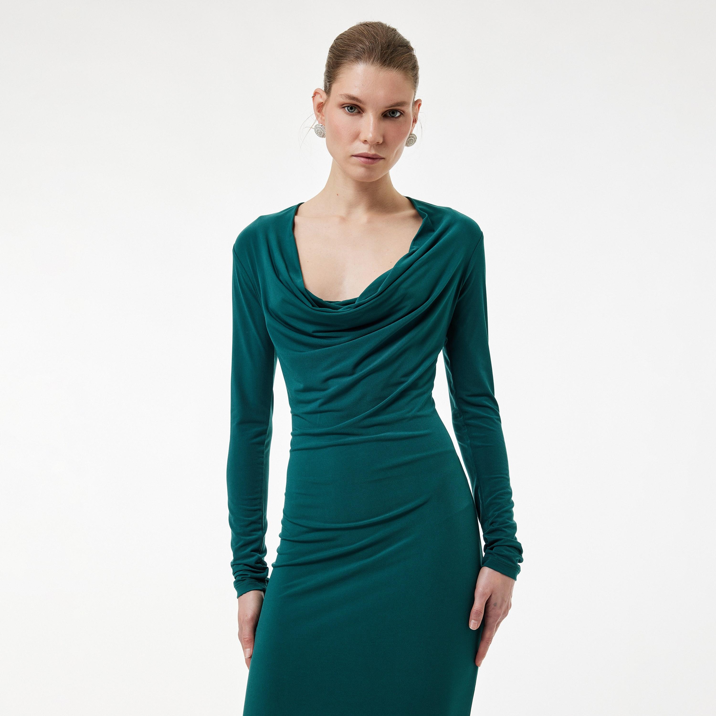 KOTON Teal Cowl Neck Column Women's Evening Maxi Dress-women-clothing-dresses-image-2