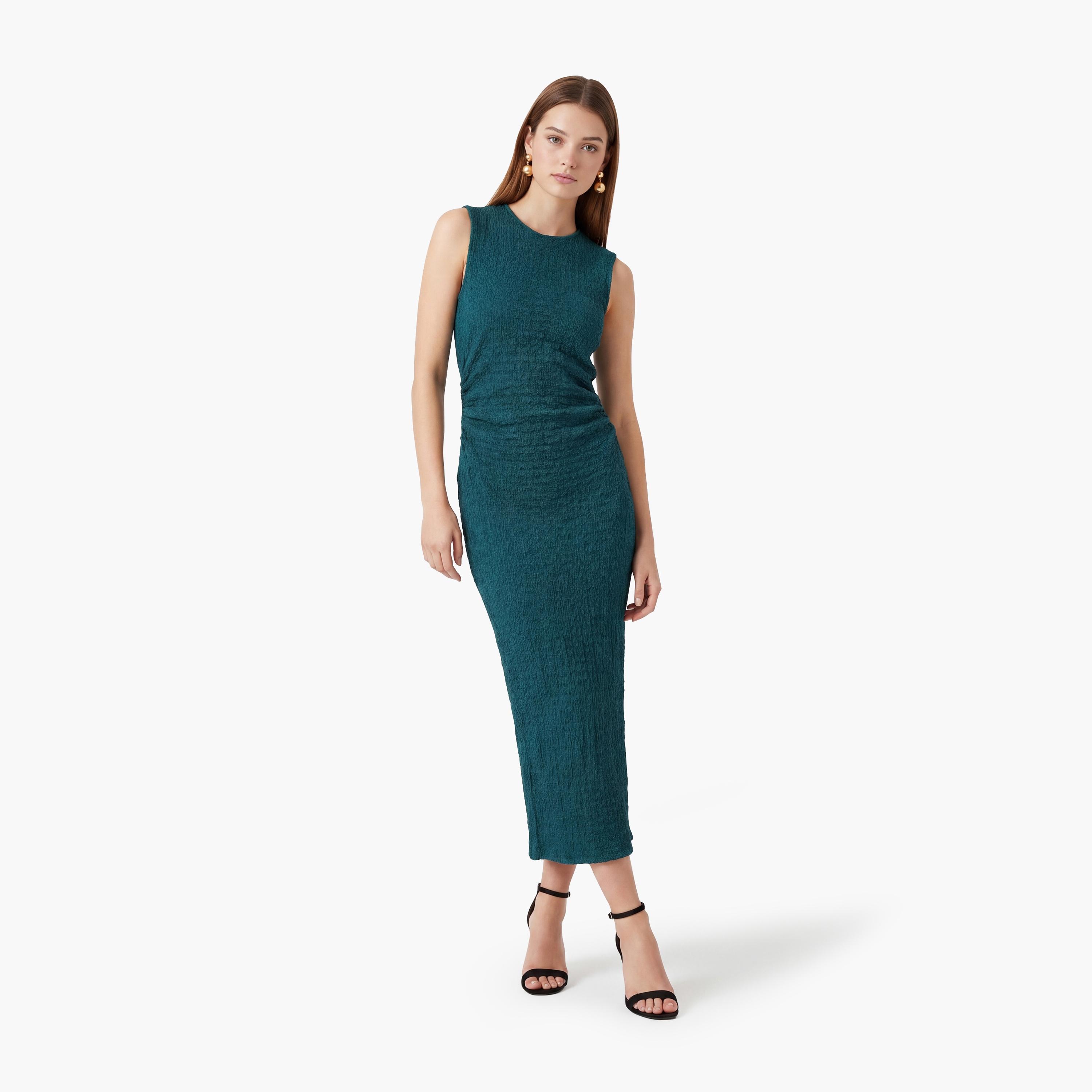 فستان ميدي نسائي بقصة مستقيمة وقماش مجعد بلون أخضر من كوتون-women-clothing-dresses-image-1