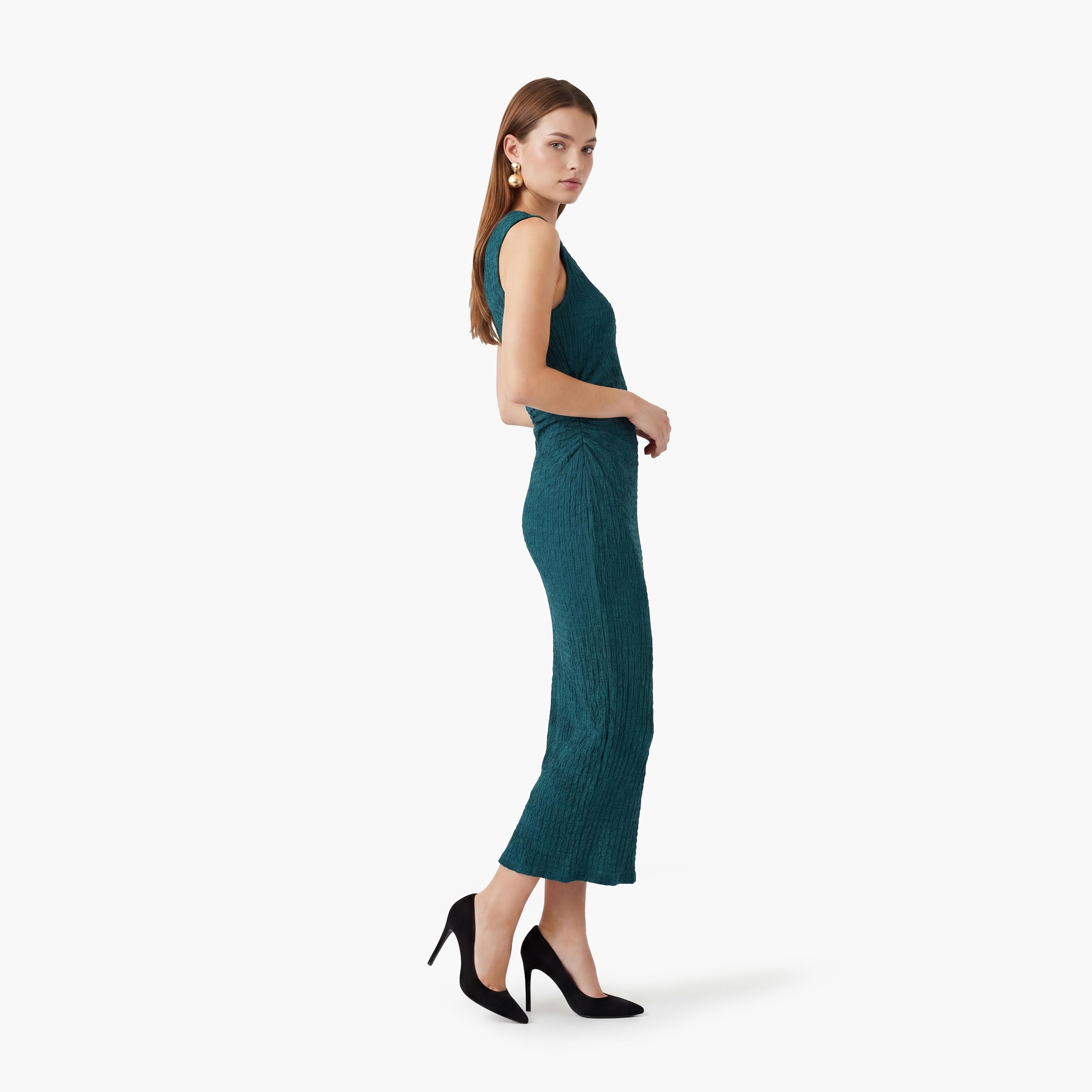 فستان ميدي نسائي بقصة مستقيمة وقماش مجعد بلون أخضر من كوتون-women-clothing-dresses-image-2