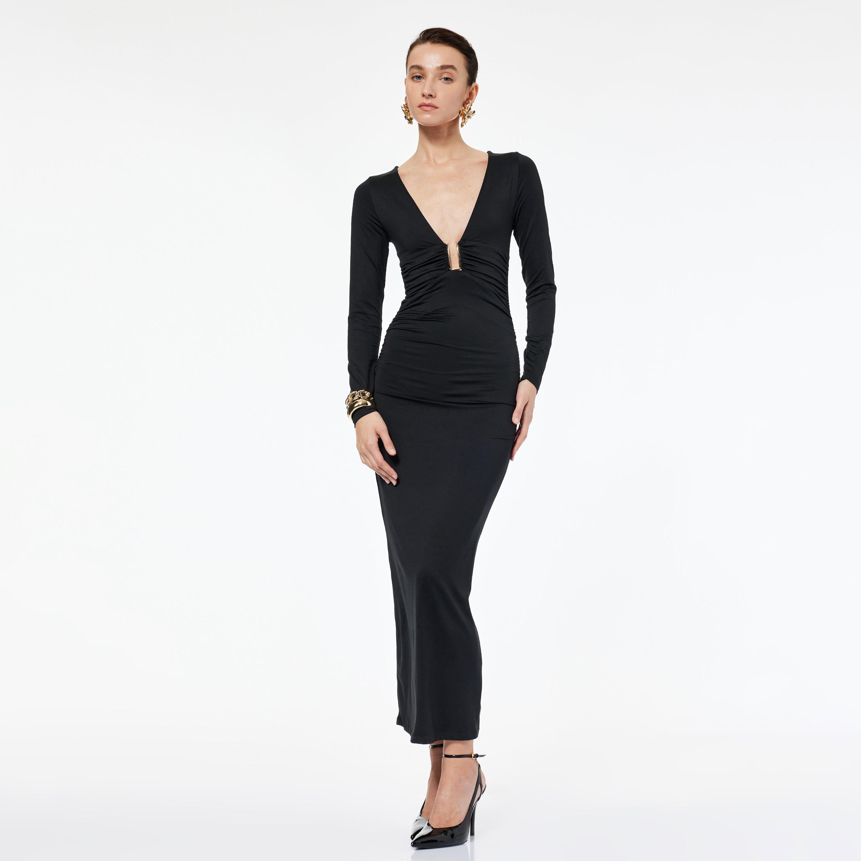 KOTON Black Ruched Plunge Neck Bodycon Women's Midi Dress-women-clothing-dresses-image-1